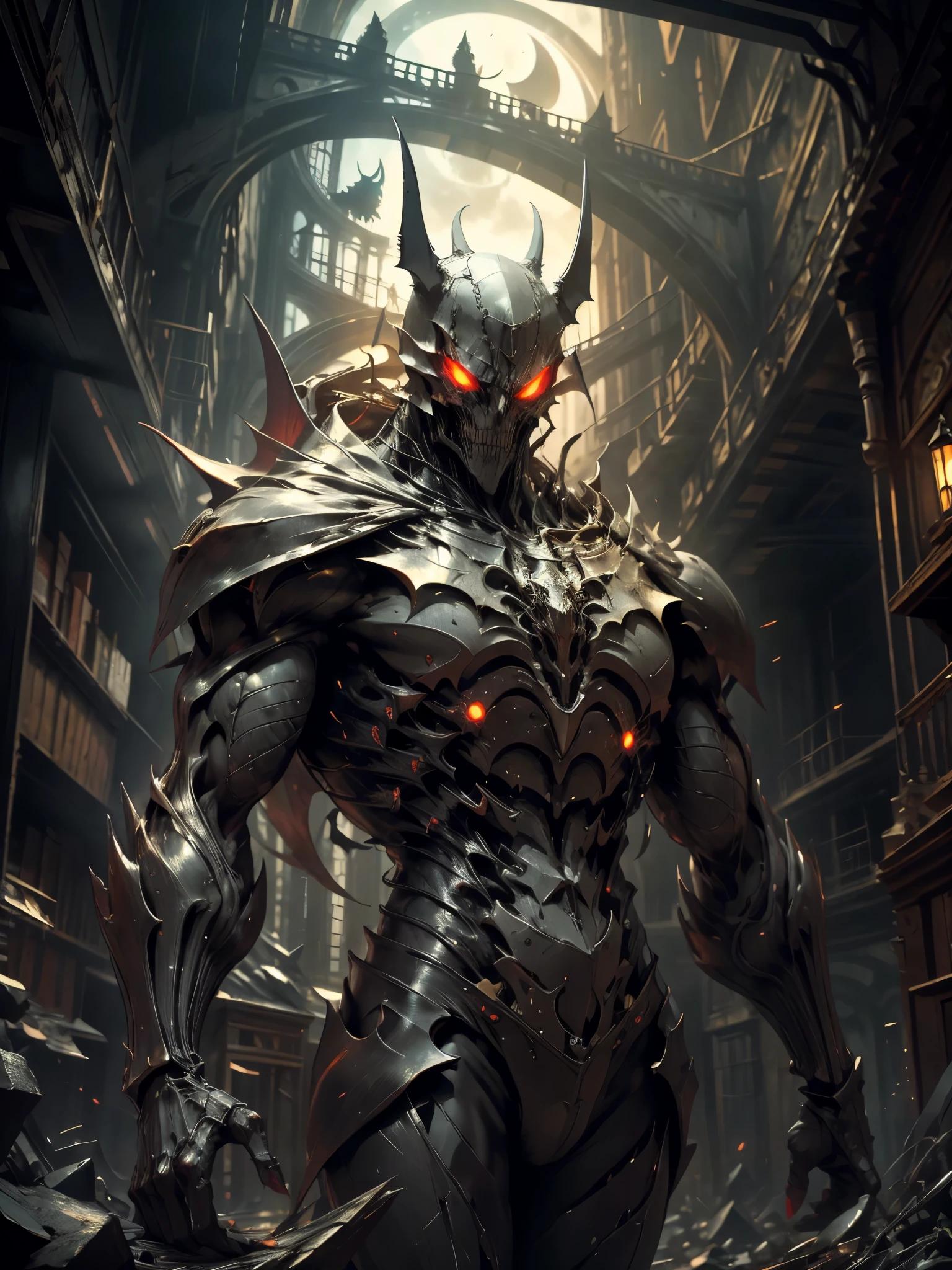 Stunning illustration, zombie Bat-Man emerges from the darkness with a skeletal, decomposed figure, wrapped in his iconic red and blue suit, ahora desgastado y desgarrado. Their pale, decomposed skin shows visible bones in some areas, while muscles, mostly consumed, apenas sostienen su estructura. Sus ojos, una vez vivaces, now they are empty and opaque, surrounded by dark circles that accentuate their macabre nature.El traje, manchado de sangre seca y mugre, cuelga de su cuerpo en jirones, revelando hueso y carne muerta en varios puntos. Aunque su aspecto es espeluznante, Arachnid agility is still discernible in its hunched posture and in the remains of cobwebs clinging to its body..paisaje nocturno y siniestro, con una luna llena brillante pero distorsionada, rodeada de nubes ominosas y tormentosas. Faint rays of light filter through the clouds, bathing the zombie Bat-Man in spectral illumination.