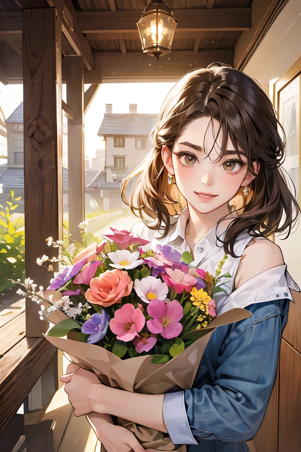 (muste piece, 4K,8K, Super detailed, beautiful images, Sharp Image, photorealistic,perfect face, perfect lines, Perfect eyes, soft lighting) 1 woman, (brown hair,Chignon hair in a high position,Innocent look,lowered eyebrows,drooping eyebrows,droopy eyes,cute big eyes,natural makeup,gentle smile,Round jaws,a matural female:1.3),スーツ姿のハンサムなmale性2人, (male,male性はスーツ姿,muscular,Firm shoulder width, maleの,Boyish hairstyle,English gentlemanly style,クールな表情の成熟male性,明るい笑顔の成熟male性:1.2),(Nervous,embarrassed,sleepy,embarrassing:1.2),innocent smile,(embarrassing,shy smile:1.1),Flower shop、First sale、Flower Cottage、kiss、couple、couplekiss、Romance、Casual style、Skinny Denim、flower arrangement、western style sofa、bouquet