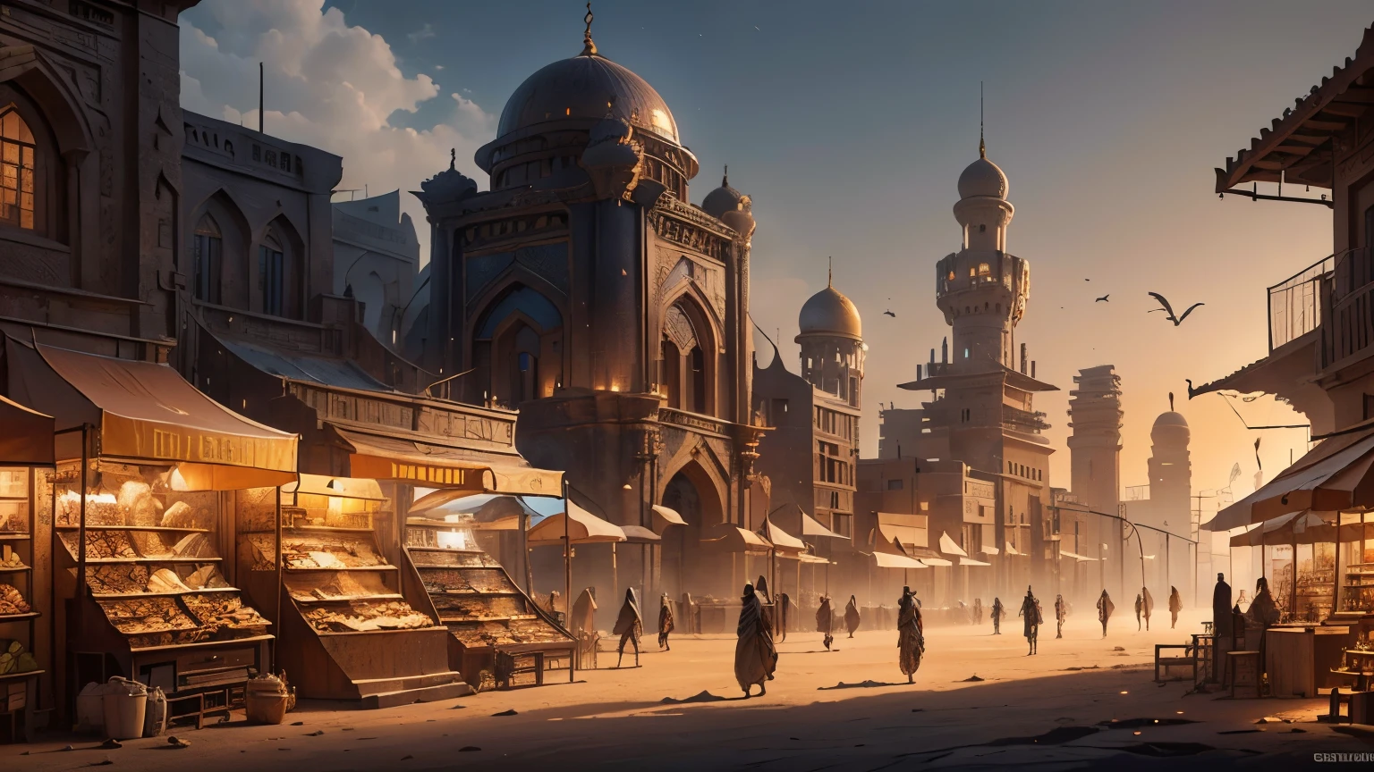 (ancient Arabic city,coast,barbarian setting,desert),(detailed textures),(busy streets,exotic architecture,markets),(best quality,highres,physically-based rendering),(vibrant colors,magical lighting)