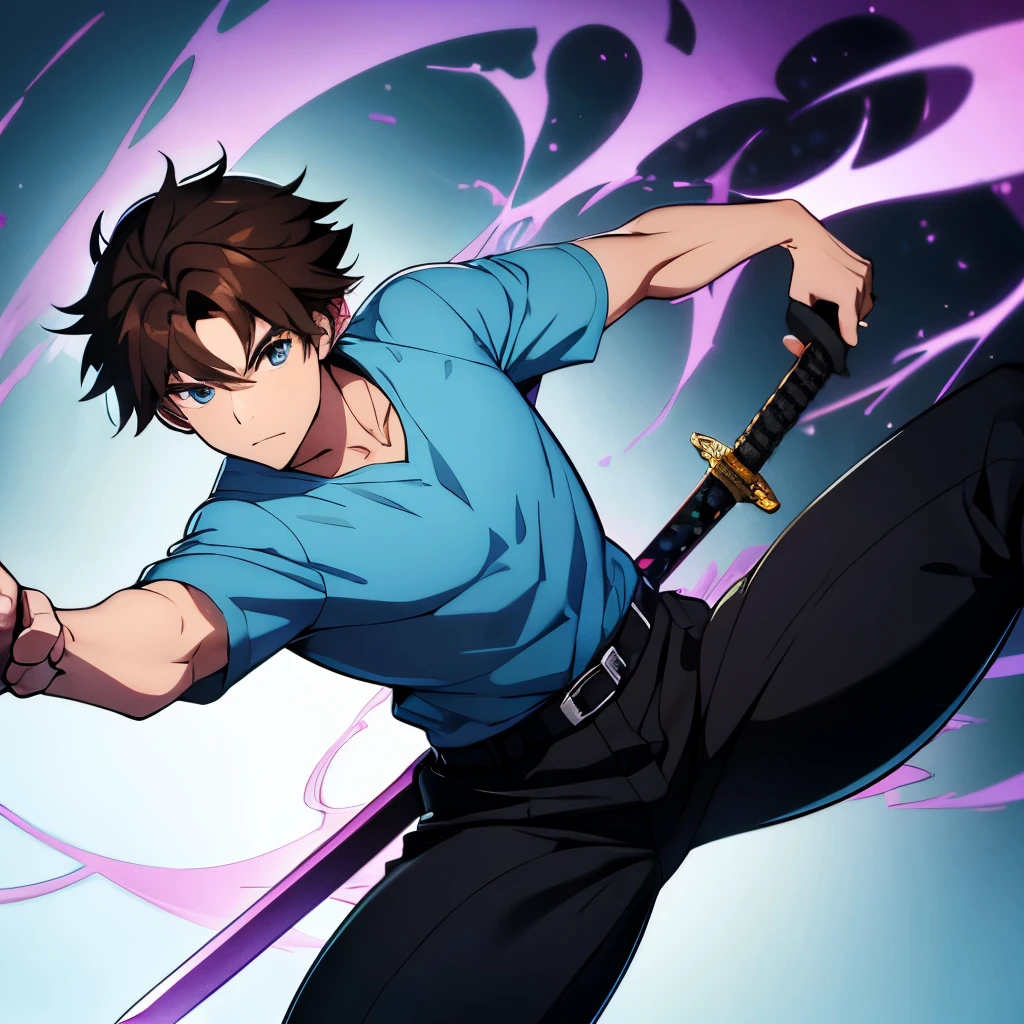 young man, brown hair, light blue shirt, black pants, in a fighting pose with a sword with a purple aura