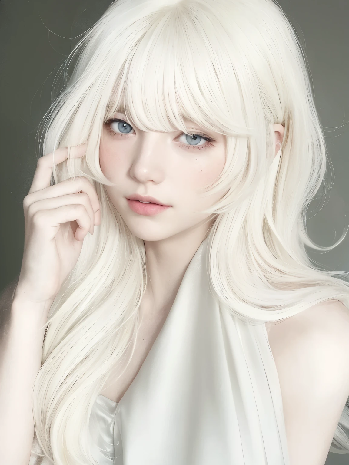 blond haired girl con pelo largo y blanco and a white dress, pelo largo y blanco y flequillo, pale porcelain white skin, con el pelo largo y blanco, cabello blanco y hermoso, con pelo largo y blanco, obra de arte al estilo de guweiz, retrato realista kawaii, peinado de corte hime blanco, flequillo blanco, chica con pelo blanco, cabello blanco intenso, Cabello blanco en las nubes, Cabello largo blanco detallado