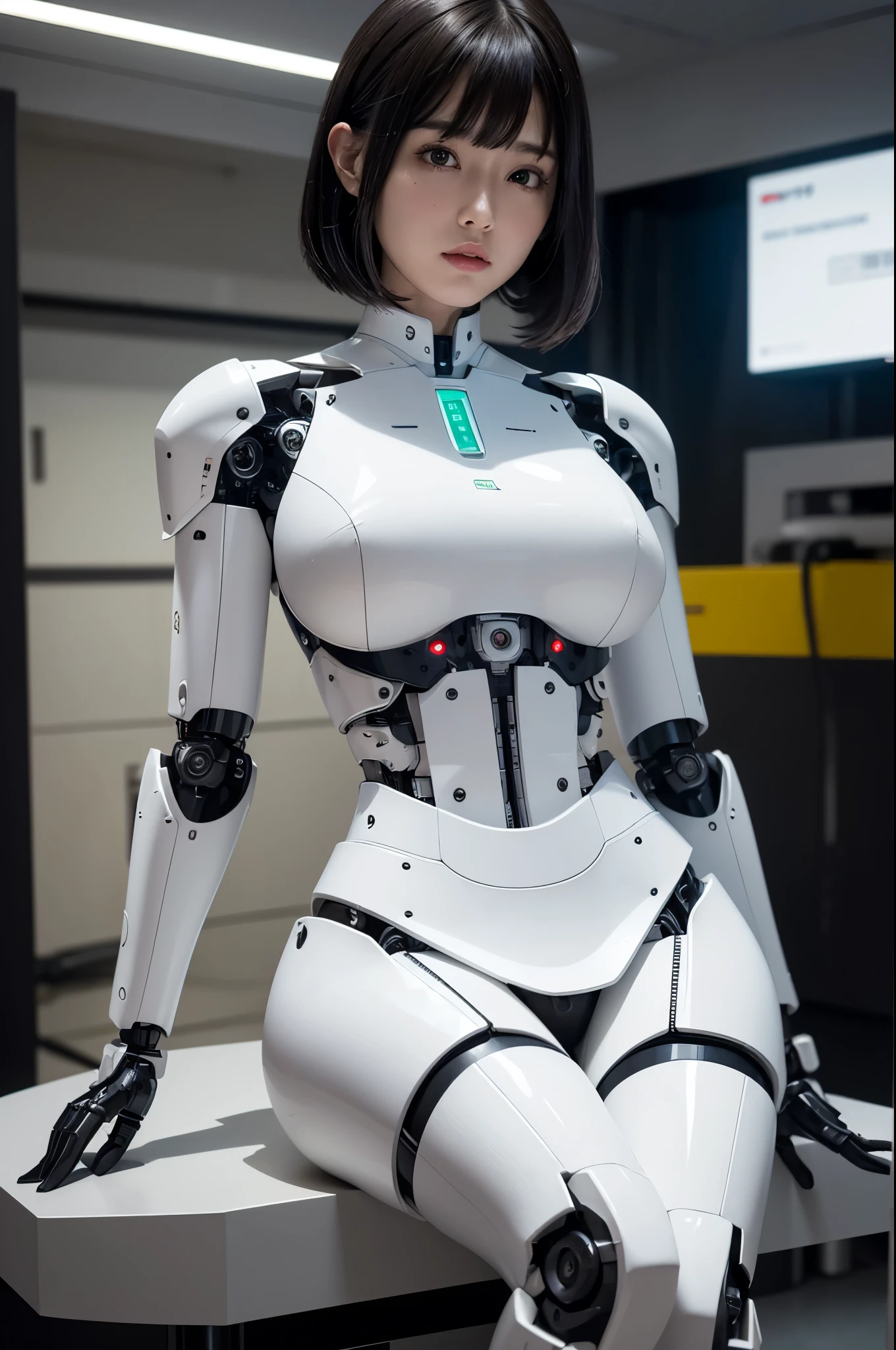 masterpiece, best quality, extremely detailed, (8K, 4K, Best Quality, hight resolution, 超A high resolution:1.1), (masutepiece, Realistic, Photorealsitic:1.1),8k portrait, Japaese android Girl,Plump , announcer,control panels,android,Droid,Mechanical Hand, Robot arms and legs, Black Robot Parts,Black hair,Mechanical body,Blunt bangs,perfect mechanical abdomen,White robotics parts,perfect robot woman,future laboratory,cyber pank,charging spot,laboratory,long tube,thick cable connected her neck,ceramic body ,perfect mechanical body, white robot body,lod antenna,mechanical ear cover,android,robot humanoid,black sponge joints,The removable cover is in the groin,The connection port is in the groin,opened chest panel,access panel on the chest,opened breast panel,perfect mechanical breast,white machine body,white robot body,white ceramic breast,perfect plastic breast,She has repaired,assembly plant,miniskirt,black boots