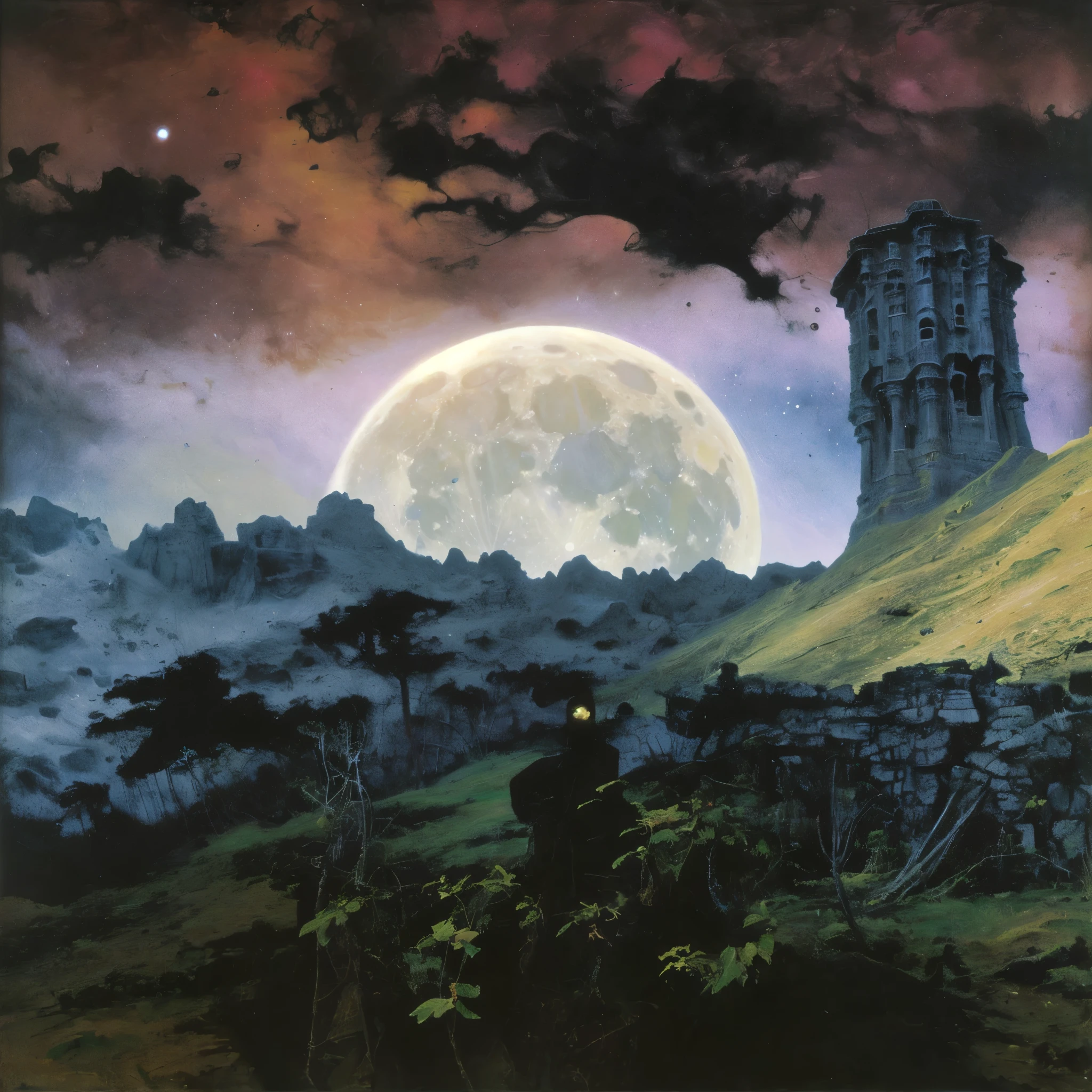 A rocky mountain seen from a low angle, the sky is a space nebula, A bright moon is seen in the middle of the mountain, night lighting, Painted by Zdzisław Beksiński, oil painting, dark color palette