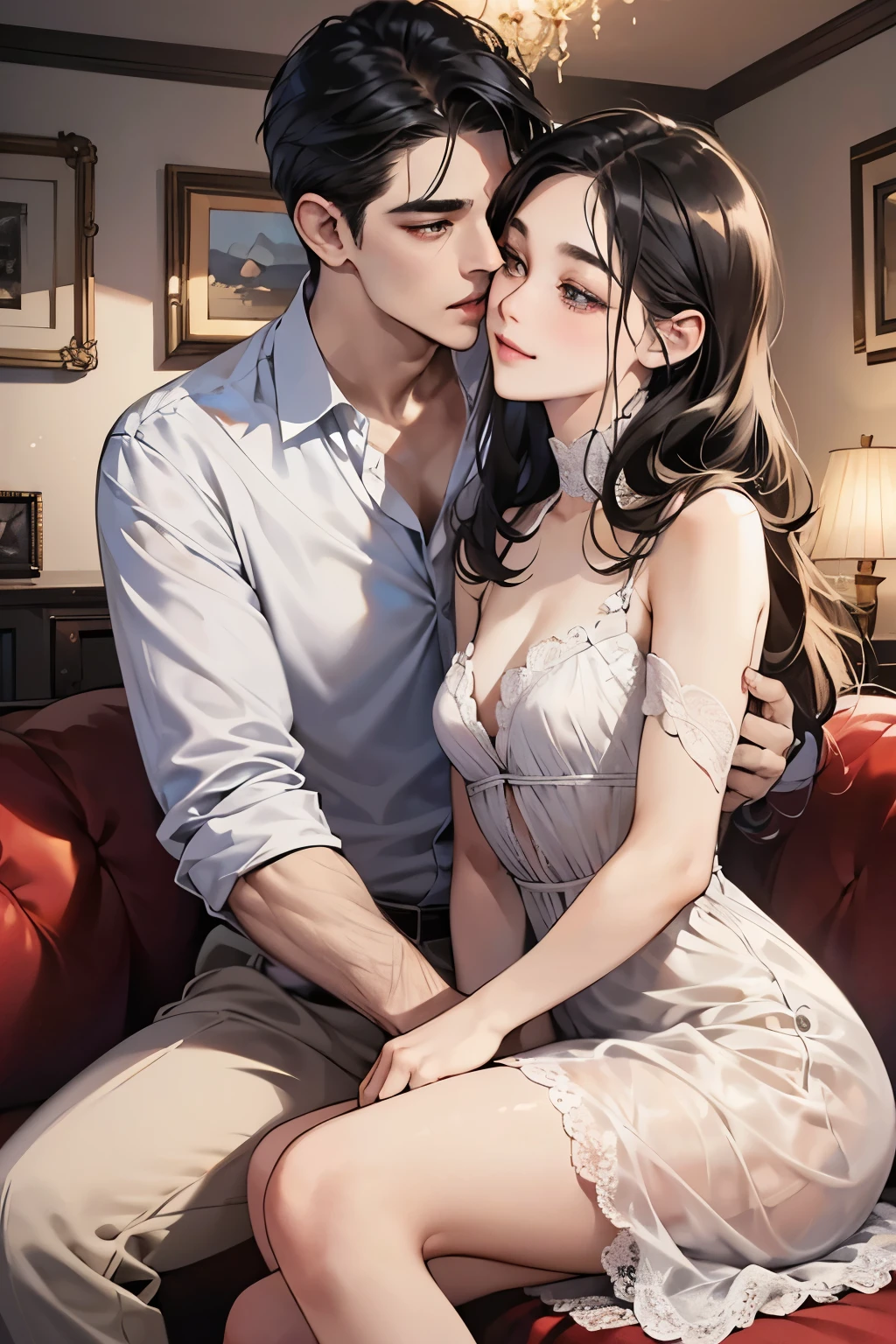 (muste piece, 4K, 8K,beautiful images, Sharp Image, photorealistic,perfect face, perfect lines, Perfect eyes, soft lighting) ,1 woman, (black hair、long straight hair,Bullish gaze,beautiful woman,elegance,Solid makeup,One piece figure、a matural female,small breasts:1.3),スーツ姿のハンサムなmale性2人, (male,male性はスーツ姿,muscular,Firm shoulder width, maleの,Boyish hairstyle,English gentlemanly style,クールな表情の成熟male性,明るい笑顔の成熟male性:1.2),smile showing white teeth(embarrassing,shy smile:1.1),(Nervous,embarrassed,sleepy,embarrassing:1.1),Antique sofa、Open your thin mouth,innocent smile,On a date,kiss、couple、couplekiss、Romance、At work、Antique furniture、sitting on the sofa、Couch sofa