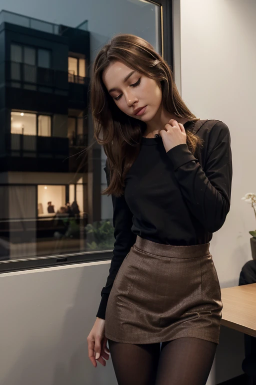 masterpiece, best quality, absurdres, looking at viewer, solo, rita rossweisse (summer night's dream), rita rossweisse, shirt, pantyhose, brown rose, red eyes, brown hair, long sleeves, mole under eye, hair over one eye, frilled shirt, white shirt, seductive smile, (ulzzang-6500:0.8), long hair, day, outdoors black pantyhose, Realistic image of a man with short, brown hair, wearing a black sweatshirt, eyes closed, walking, mouth ajar, with nothing in his hands, in a night office, night buildings in the landscape through the window,