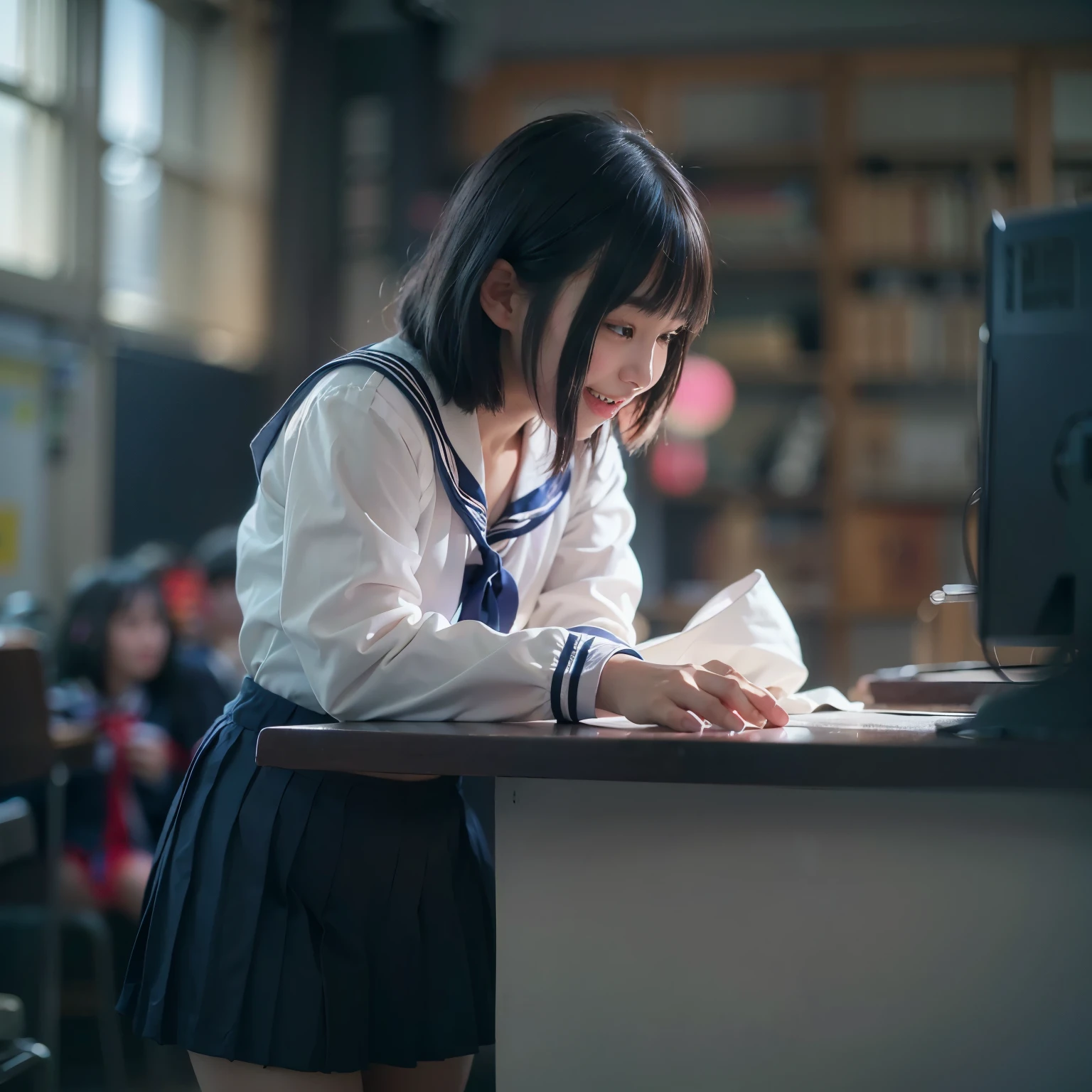 masterpiece、highest quality、super realistic、surreal、Ultra high definition、8k、Raw photo、textured skin、A Nogizaka girl lying on a desk,(16 years old,medium bob hair,bangs,black hair,floating hair,slim,small face,chest is small,thin waist,small ass,smile showing teeth:1.5)、(sailor uniform long sleeve school uniform、dark blue pleated skirt、super short skirt、white panties:1.5)、dynamic pose、classroom、(Natural light、strong sunlight、Moving the chart, film grain、profile、profile、It&#39;s blurry、full body shot、very long shot、letterbox、negative space、Sigma 85mm F/1.4)、finder