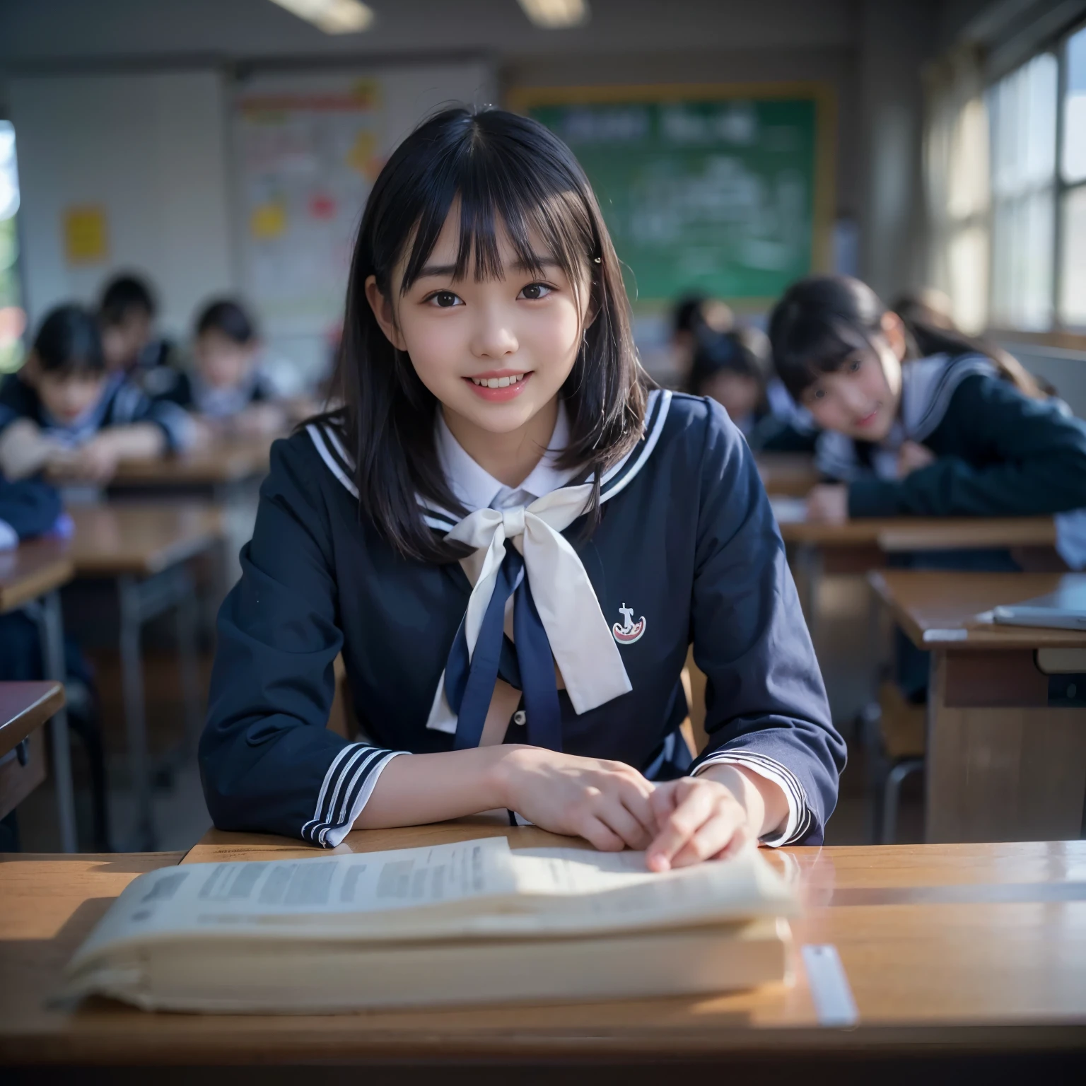 masterpiece、highest quality、super realistic、surreal、Ultra high definition、8k、Raw photo、textured skin、A Nogizaka girl lying on a desk,(,medium bob hair,bangs,black hair,floating hair,slim,small face,chest is small,thin waist,small ass,smile showing teeth:1.5)、(sailor uniform long sleeve school uniform、dark blue pleated skirt、super short skirt:1.2)、dynamic pose、classroom、(Natural light、strong sunlight、Moving the chart, film grain、profile、profile、It&#39;s blurry、full body shot、very long shot、letterbox、negative space、Sigma 85mm F/1.4)、finder