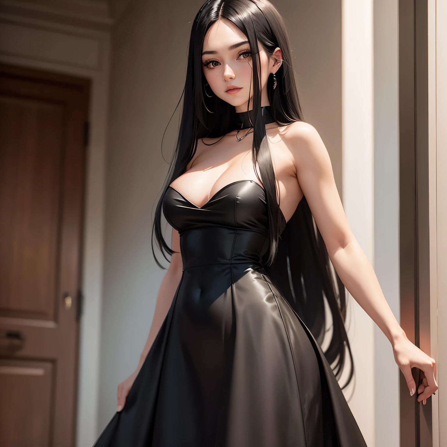 Woman with long black hair wearing a low-cut black strapless dress