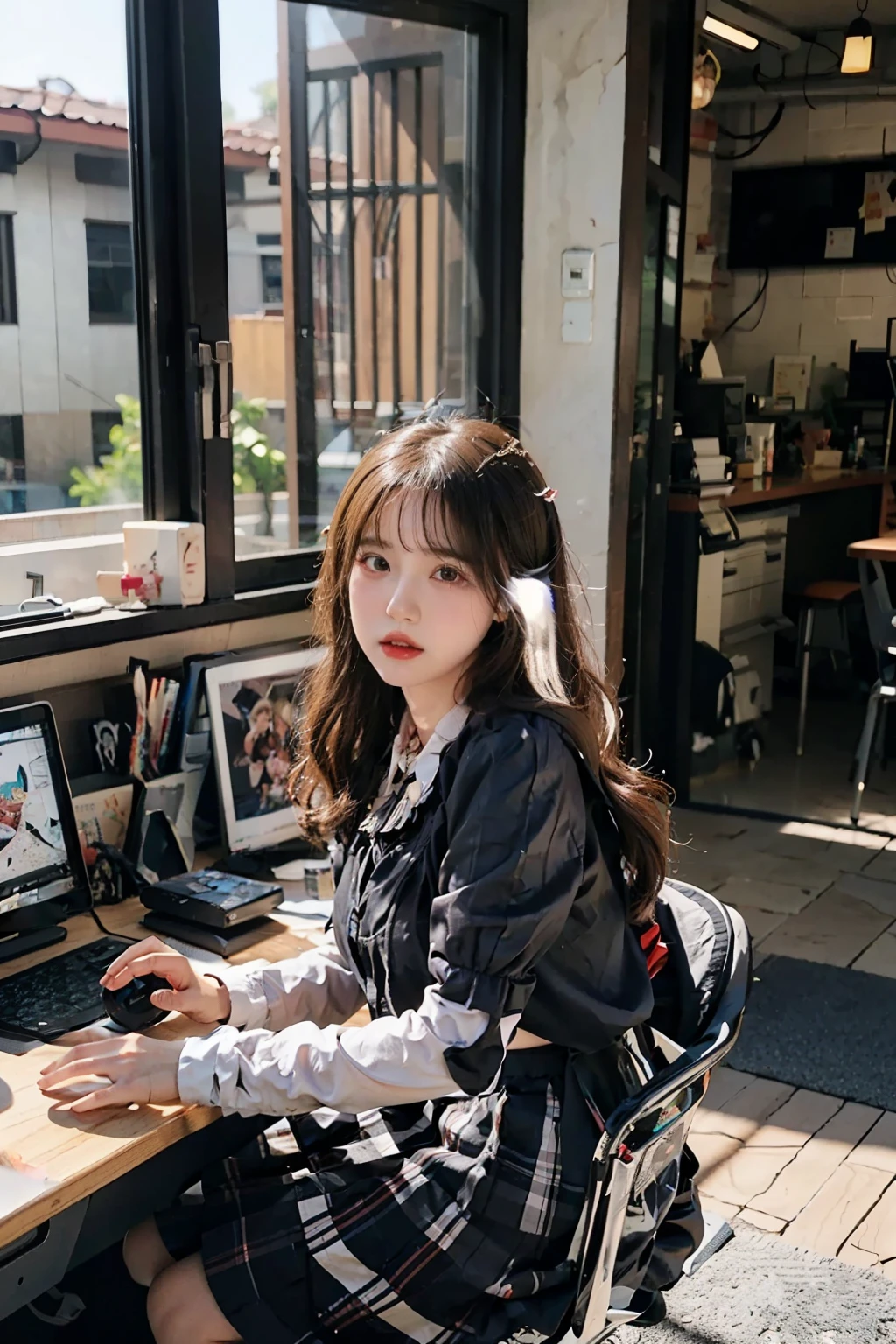 A woman was sitting in front of a computer desk.,Take a look at your computer,Downview,Downview,4/Three aspects,Side with keyboard, Realistic art style, digital anime illustration, Realistic anime art style, Photorealistic Art Style, digital anime art, realistic anime 3 d style, realism artstyle, cartoon digital painting, Realistic Schoolgirl, digital character illustration, Anime Realism Style, realistic young anime girl, digital cartoon painting art, digital manga art