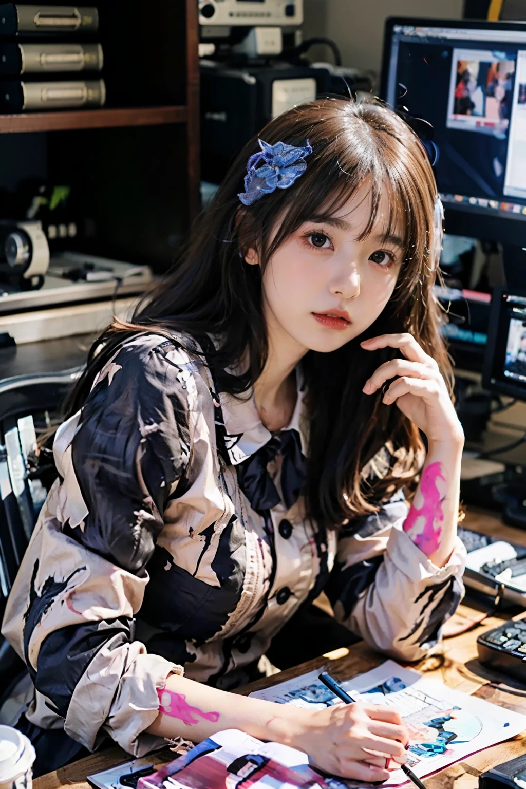 A woman was sitting in front of a computer desk.,Take a look at your computer,Downview,Downview,4/Three aspects,Side with keyboard, Realistic art style, digital anime illustration, Realistic anime art style, Photorealistic Art Style, digital anime art, realistic anime 3 d style, realism artstyle, cartoon digital painting, Realistic Schoolgirl, digital character illustration, Anime Realism Style, realistic young anime girl, digital cartoon painting art, digital manga art