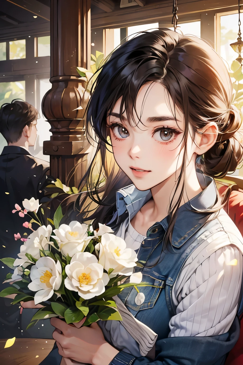 (muste piece, 4K,8K, Super detailed, beautiful images, Sharp Image, photorealistic,perfect face, perfect lines, Perfect eyes, soft lighting) 1 woman, (brown hair,Chignon hair in a high position,Innocent look,lowered eyebrows,drooping eyebrows,droopy eyes,cute big eyes,natural makeup,gentle smile,Round jaws,a matural female:1.3),スーツ姿のハンサムなmale性2人, (male,male性はスーツ姿,muscular,Firm shoulder width, maleの,Boyish hairstyle,English gentlemanly style,クールな表情の成熟male性,明るい笑顔の成熟male性:1.2),(Nervous,embarrassed,sleepy,embarrassing:1.2),innocent smile,(embarrassing,shy smile:1.1),Flower shop、First sale、Flower Cottage、kiss、couple、couplekiss、Romance、Casual style、Skinny Denim、flower arrangement、western style sofa、bouquet