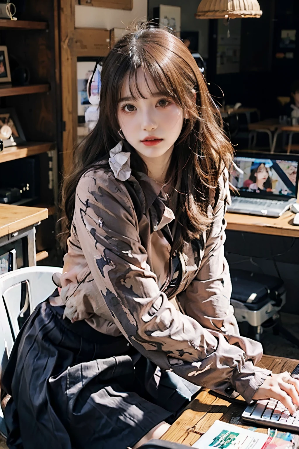 A woman was sitting in front of a computer desk.,Take a look at your computer,Downview,Downview,4/Three aspects,Side with keyboard, Realistic art style, digital anime illustration, Realistic anime art style, Photorealistic Art Style, digital anime art, realistic anime 3 d style, realism artstyle, cartoon digital painting, Realistic Schoolgirl, digital character illustration, Anime Realism Style, realistic young anime girl, digital cartoon painting art, digital manga art