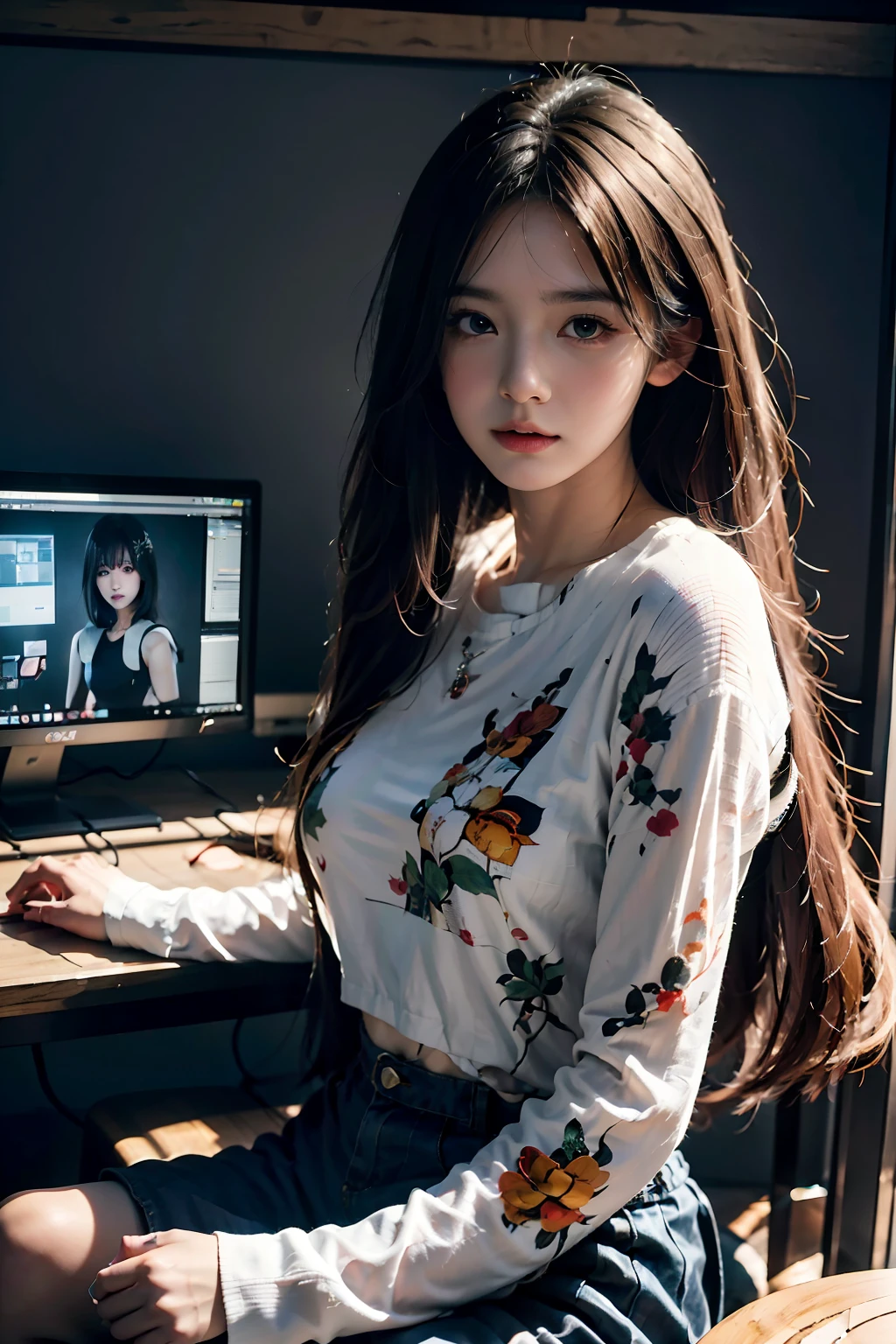 A woman was sitting in front of a computer desk.，Take a look at your computer，Downview，Downview，4/Three aspects，Side with keyboard, Realistic art style, digital anime illustration, Realistic anime art style, Photorealistic Art Style, digital anime art, realistic anime 3 d style, realism artstyle, cartoon digital painting, Realistic Schoolgirl, digital character illustration, Anime Realism Style, realistic young anime girl, digital cartoon painting art, digital manga art