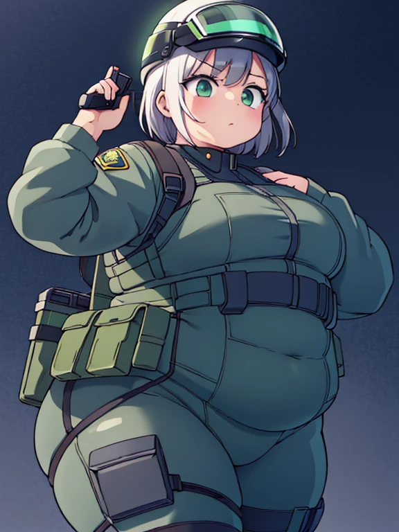 Chubby tactical swat girl, (bodysuit): 1.4, fat rolls, short hair, green eyes, pudgy, (holding pistol):1.3, (swat helmet):1.3, extremely chubby, standing poised, BREAK plain white flat background,
