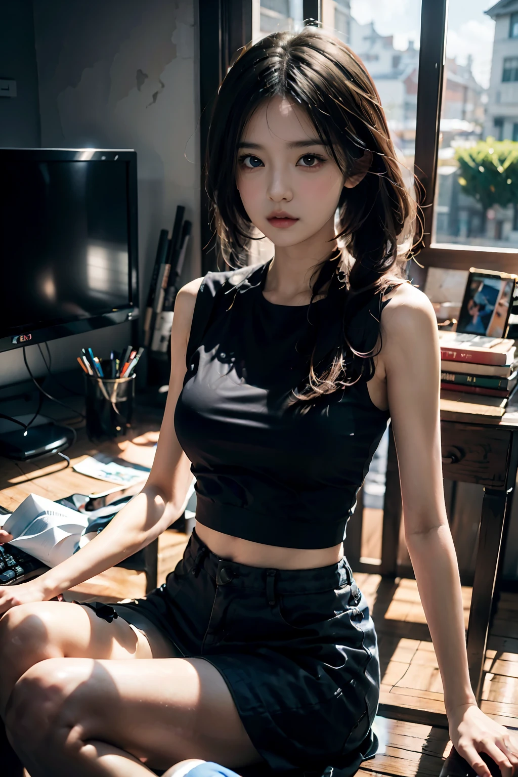A woman was sitting in front of a computer desk.,Take a look at your computer,Downview,Downview,4/Three aspects,Side with keyboard, Realistic art style, digital anime illustration, Realistic anime art style, Photorealistic Art Style, digital anime art, realistic anime 3 d style, realism artstyle, cartoon digital painting, Realistic Schoolgirl, digital character illustration, Anime Realism Style, realistic young anime girl, digital cartoon painting art, digital manga art