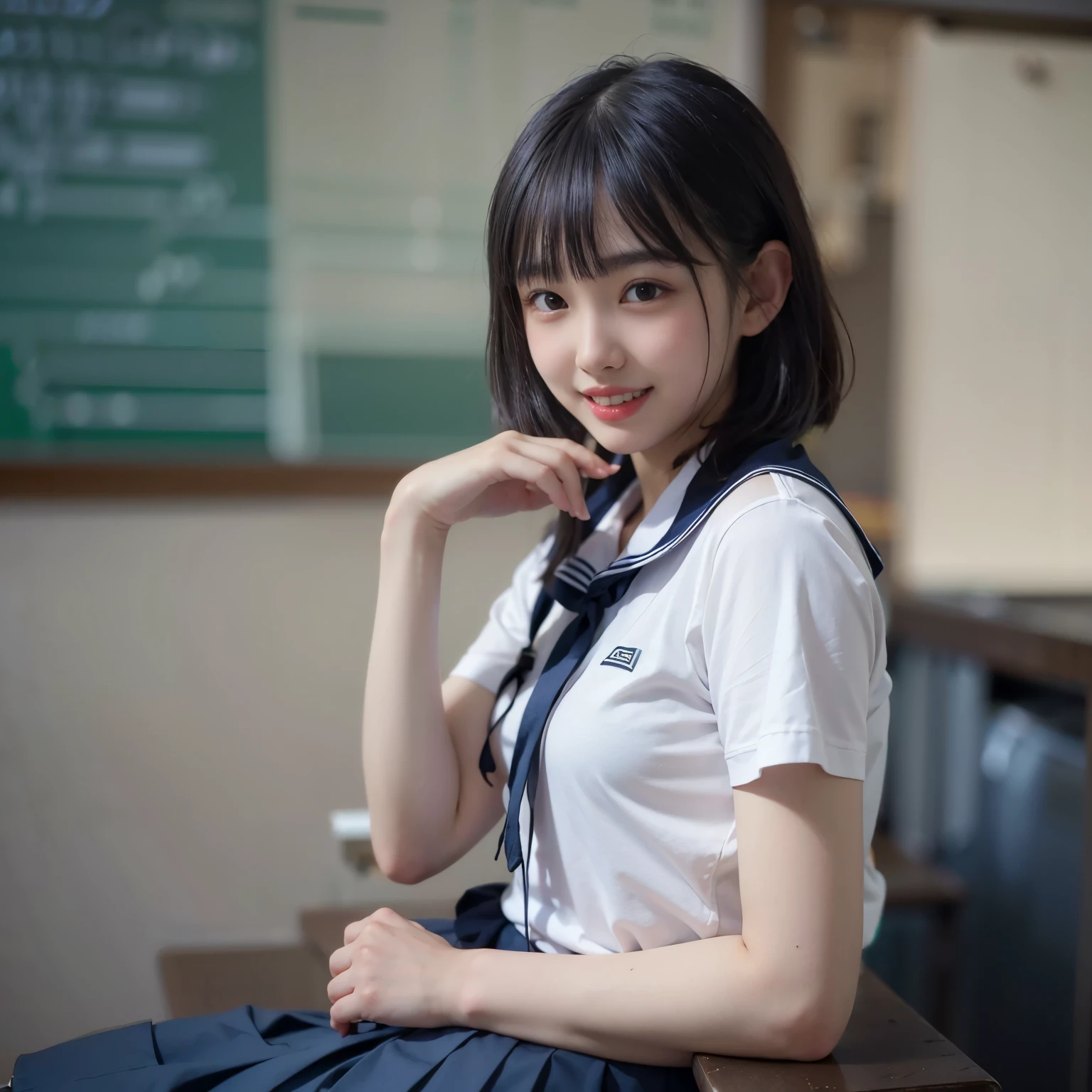 (Best-quality, Masterpiece, Ultra-High-Resolution, (Photorealistic:1.4), Raw Photo, depth of field, professional lighting, perfect anatomy, extremely details, perfect face, perfect hands, perfect fingers, perfect body), (((front view))), 1girl, 12-years-old, the most famous Japanese idol, (wearing school-uniform with cute design, short sleeve shirt, pleated skirt, socks, loafers), sitting on school-chair in classroom, (((open knees widely))) (extremely cute face like the most popular Japanese idol, (extremely cute and extremely big eyes), extremely cute hair, extremely cute skins), extremely cute long-eyelashes, extremely cute lips, extremely beautiful inner-thighs, innocent smile, looking at viewer