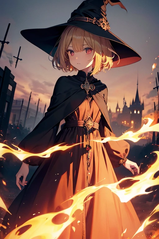 girl, short hair, dark magic, magic, witch, wizzard, blond hair, long dress, dark fire, spirits, psycho, terror