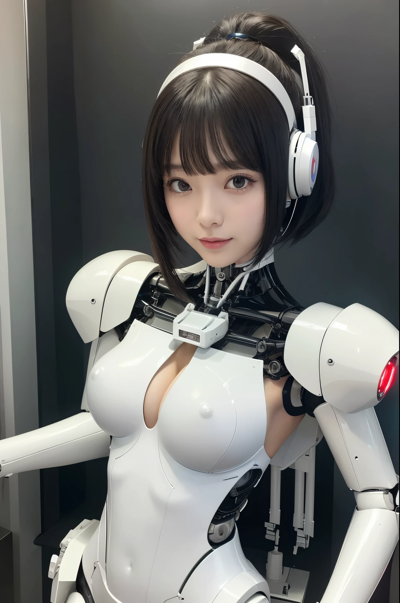 masterpiece,Best Quality, hight resolution, 超A high resolution:1.1, (masutepiece, Realistic, Photorealsitic:1.1),8k portrait, Japaese android Girl,Plump,single eyelid,announcer,control panels,android,Droid,Mechanical Hand, Robot arms and legs, Black hair,Mechanical body,Blunt bangs,perfect mechanical abdomen,White robotics parts,perfect robot woman,cyberpank costume,She is powered by electricity,future laboratory,perfect plastic body,perfect mechanical body,white robot body,mechanical ear cover,black sponge joints,The removable cover is in the groin,The connection port is in the groin,opened chest panel,access panel on the chest,opened breast panel,perfect mechanical breast,white machine body,white robot body,white ceramic breast,perfect plastic breast,She has been assembled by robotarm,assembly plant,miniskirt,plastic bodysuits,ankle boots,perfect future costume,separate booth,She has storaged in the booth,