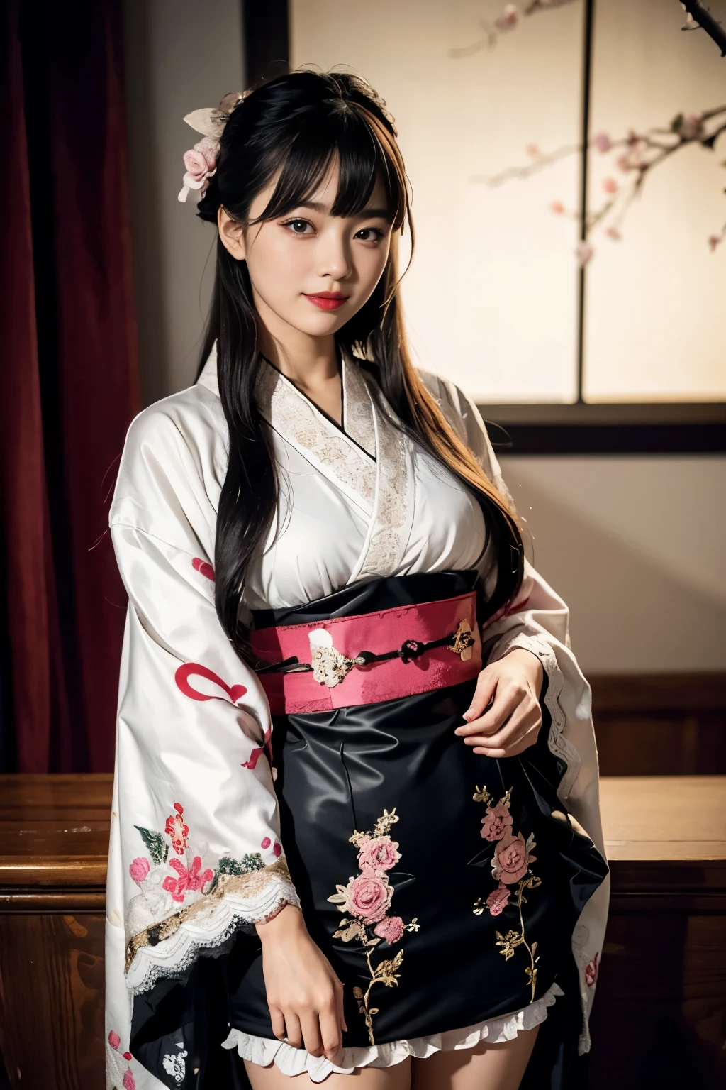 （In 8K, best quality, muste piece:1.2)、ultra high resolution、A beautiful and elegant 20 year old woman,black hair,detailed hand fingers,elaborate costume,luxurious kimono,mini length black kimono,detailed embroidery,lots of lace,pink rip,red lips,blunt bangs,up hair,lolita fashion,ribbon,white lace short socks,Are standing,captivate your audience,smile,cinema lighting,Western-style room