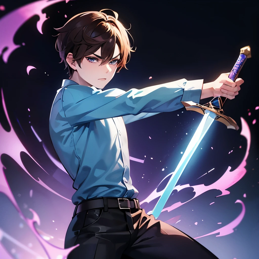 young man, brown hair, light blue shirt, black pants, in a fighting pose with a sword with a purple aura