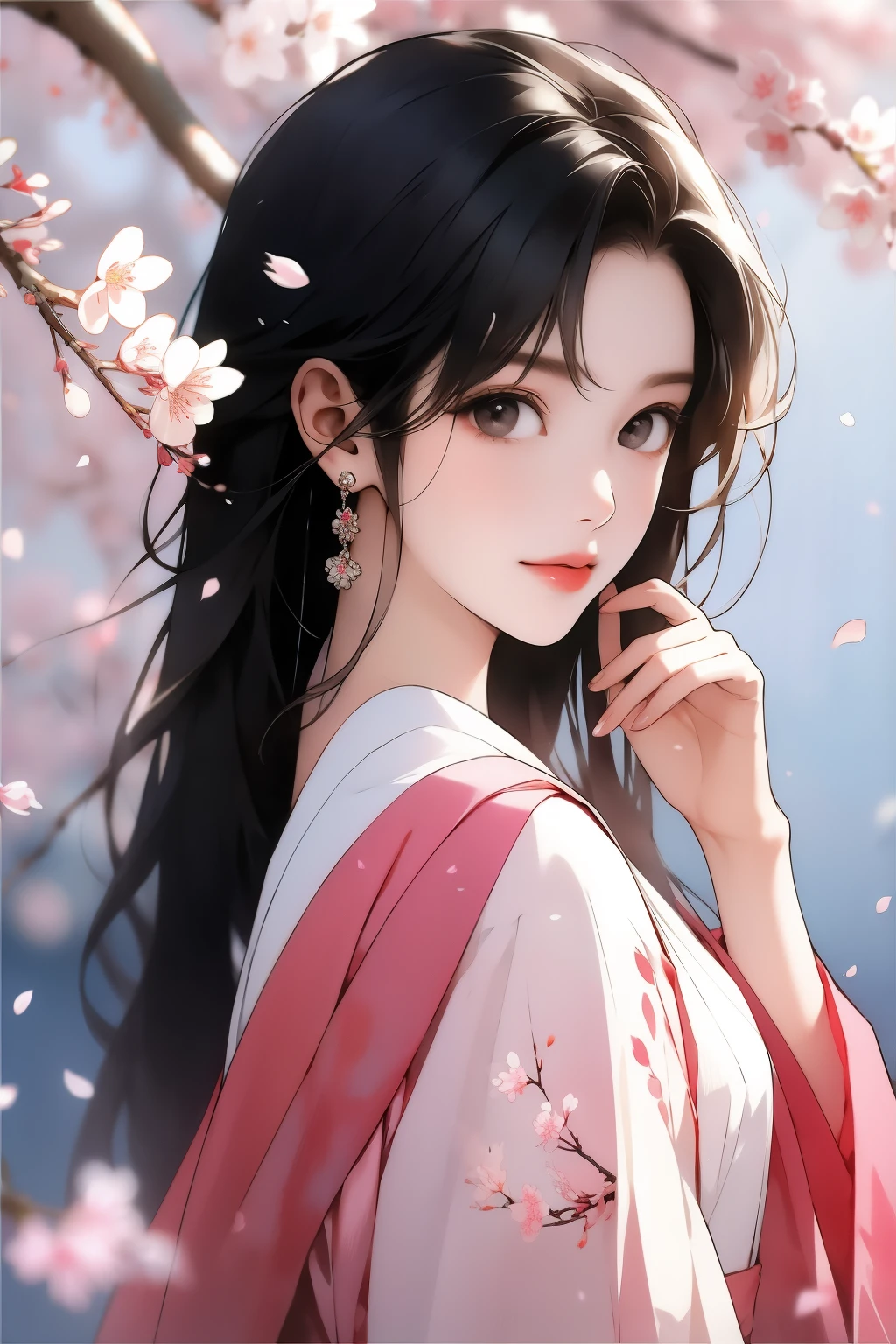 cherry_blossoms, falling_petals, solo,1girl,upper body, looking at viewer,