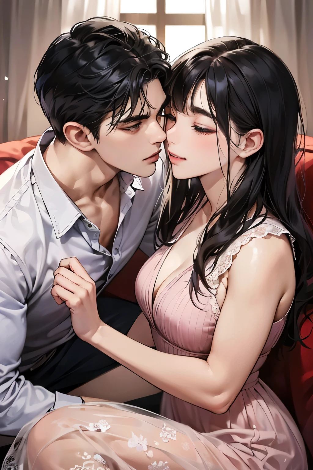 (muste piece, 4K, 8K,beautiful images, Sharp Image, photorealistic,perfect face, perfect lines, Perfect eyes, soft lighting) ,1 woman, (black hair、long straight hair,Bullish gaze,beautiful woman,elegance,Solid makeup,One piece figure、a matural female,small breasts:1.3),スーツ姿のハンサムなmale性2人, (male,male性はスーツ姿,muscular,Firm shoulder width, maleの,Boyish hairstyle,English gentlemanly style,クールな表情の成熟male性,明るい笑顔の成熟male性:1.2),smile showing white teeth(embarrassing,shy smile:1.1),(Nervous,embarrassed,sleepy,embarrassing:1.1),Antique sofa、Open your thin mouth,innocent smile,On a date,kiss、couple、couplekiss、Romance、At work、Antique furniture、sitting on the sofa、Couch sofa