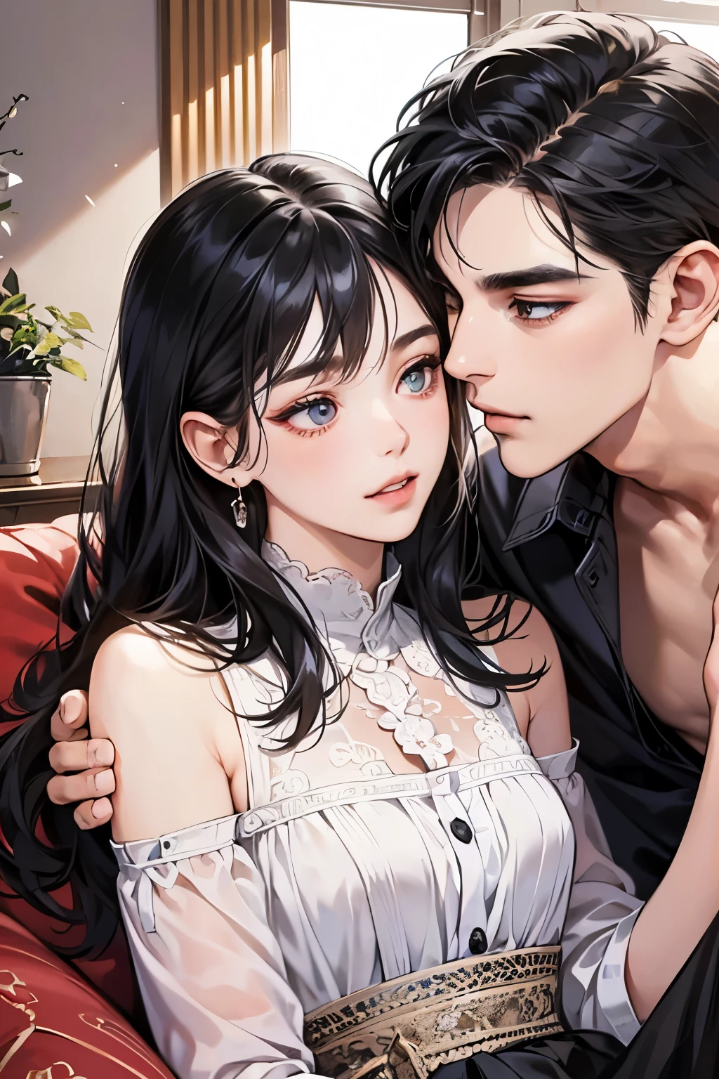 (muste piece, 4K, 8K,beautiful images, Sharp Image, photorealistic,perfect face, perfect lines, Perfect eyes, soft lighting) ,1 woman, (black hair、long straight hair,Bullish gaze,beautiful woman,elegance,Solid makeup,One piece figure、a matural female,small breasts:1.3),スーツ姿のハンサムなmale性2人, (male,male性はスーツ姿,muscular,Firm shoulder width, maleの,Boyish hairstyle,English gentlemanly style,クールな表情の成熟male性,明るい笑顔の成熟male性:1.2),smile showing white teeth(embarrassing,shy smile:1.1),(Nervous,embarrassed,sleepy,embarrassing:1.1),Antique sofa、Open your thin mouth,innocent smile,On a date,kiss、couple、couplekiss、Romance、At work、Antique furniture、sitting on the sofa、Couch sofa