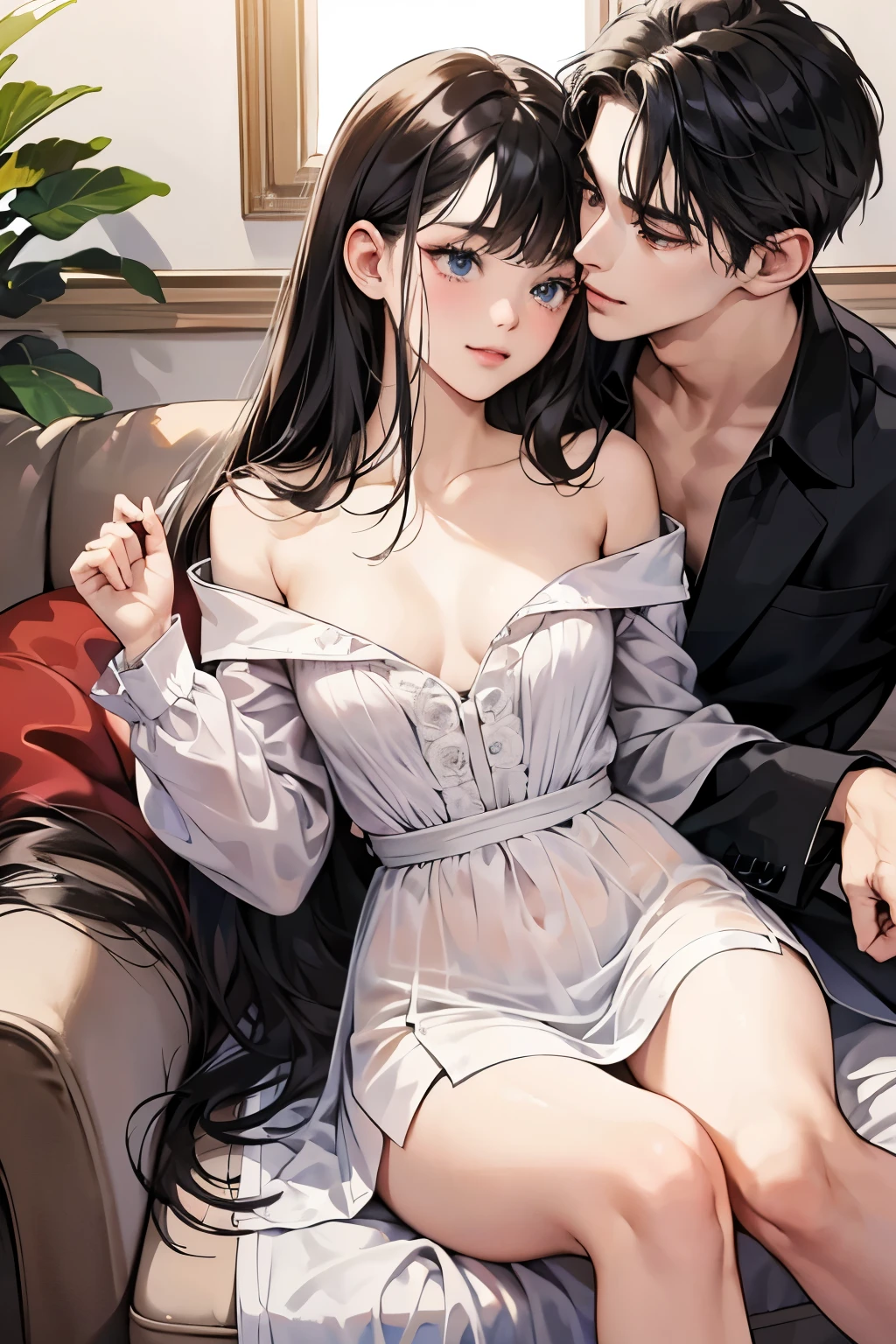 (muste piece, 4K, 8K,beautiful images, Sharp Image, photorealistic,perfect face, perfect lines, Perfect eyes, soft lighting) ,1 woman, (black hair、long straight hair,Bullish gaze,beautiful woman,elegance,Solid makeup,One piece figure、a matural female,small breasts:1.3),スーツ姿のハンサムなmale性2人, (male,male性はスーツ姿,muscular,Firm shoulder width, maleの,Boyish hairstyle,English gentlemanly style,クールな表情の成熟male性,明るい笑顔の成熟male性:1.2),smile showing white teeth(embarrassing,shy smile:1.1),(Nervous,embarrassed,sleepy,embarrassing:1.1),Antique sofa、Open your thin mouth,innocent smile,On a date,kiss、couple、couplekiss、Romance、At work、Antique furniture、sitting on the sofa、Couch sofa