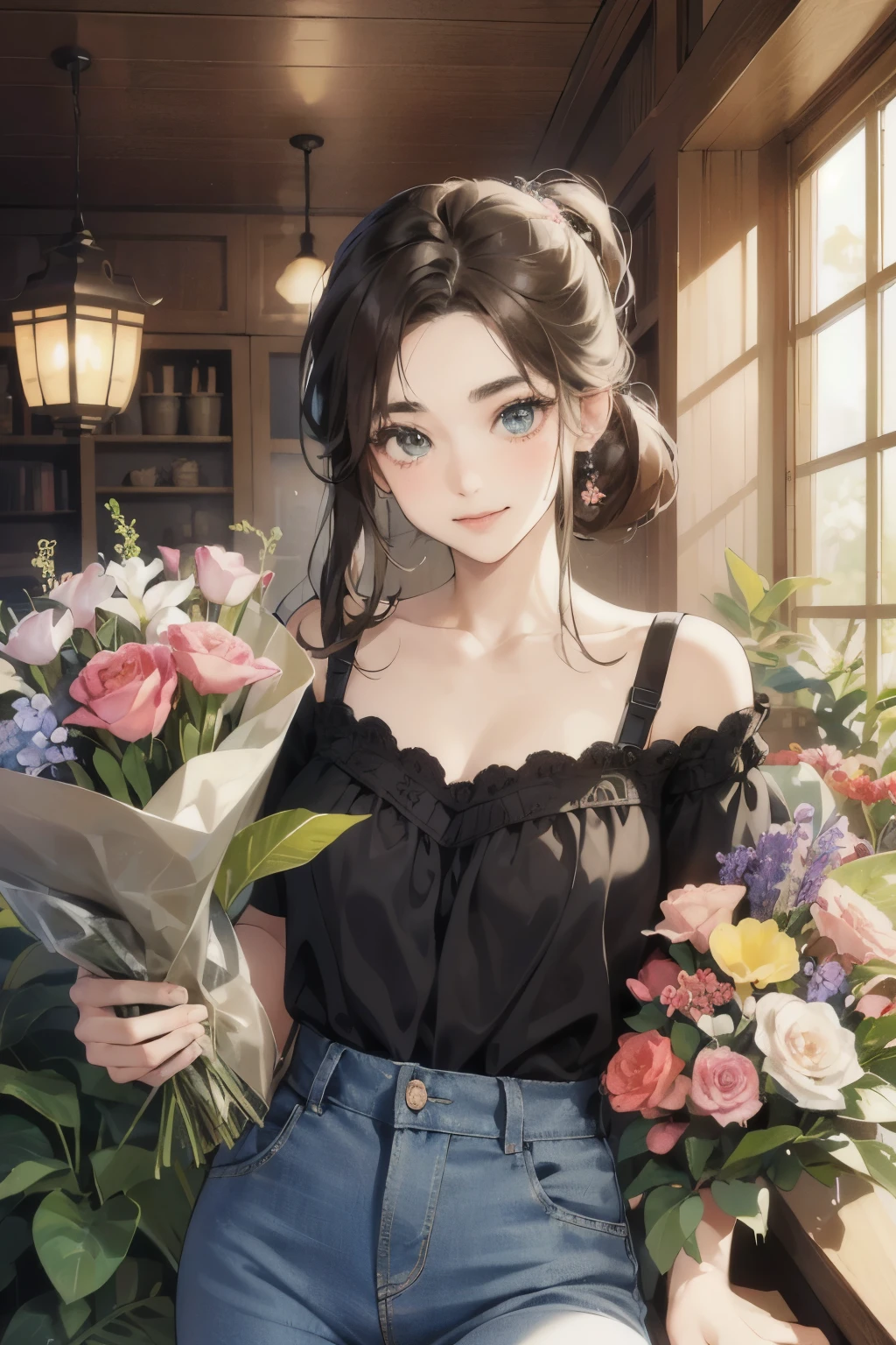 (muste piece, 4K,8K, Super detailed, beautiful images, Sharp Image, photorealistic,perfect face, perfect lines, Perfect eyes, soft lighting) 1 woman, (brown hair,Chignon hair in a high position,Innocent look,lowered eyebrows,drooping eyebrows,droopy eyes,cute big eyes,natural makeup,gentle smile,Round jaws,a matural female:1.3),スーツ姿のハンサムなmale性2人, (male,male性はスーツ姿,muscular,Firm shoulder width, maleの,Boyish hairstyle,English gentlemanly style,クールな表情の成熟male性,明るい笑顔の成熟male性:1.2),(Nervous,embarrassed,sleepy,embarrassing:1.2),innocent smile,(embarrassing,shy smile:1.1),Flower shop、First sale、Flower Cottage、kiss、couple、couplekiss、Romance、Casual style、Skinny Denim、flower arrangement、western style sofa、bouquet