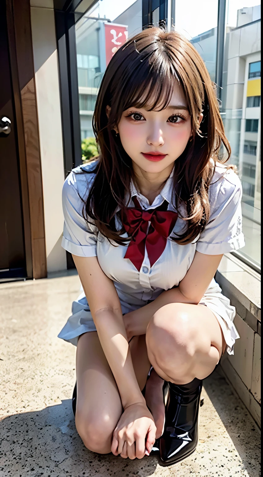 (Look away)、Put your hands on your knees、((White panties are visible))、(Squatting panty shots)、二重まぶた、Perfect fingers、perfectly proportions、Colossal tits、Lashes、heels on the ground、beatiful detailed eyes、ultra-detailliert、hight resolution、Transcendent beauty、top-quality、masterpiece、((Japanese girls' high school uniform))、Very detailed expression、school classrooms、Highly detailed appearance、a 18 year old girl、front facing、(((dynamicposes)))、((Sitting on legs with bent knees))、Sexy upper eyes、low angles、(((White panties are visible)))