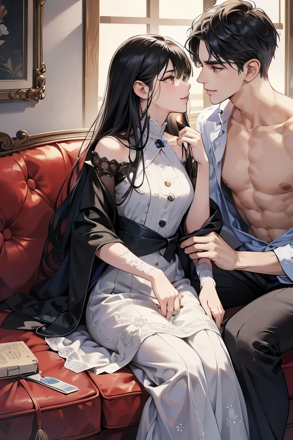 ,1 female, (black hair、long straight hair,bullish look,Beautiful woman,grace,Make up well,one piece figure、mature woman,small breasts:1.3),スーツ姿のハンサムなmale性2人, (male,male性はスーツ姿,muscular,solid shoulder width, maleの,boyish hairstyle,british gentleman's style,クールな表情の成熟male性,明るい笑顔の成熟male性:1.2),A smile showing white teeth(embarrassing,shy smile:1.1),(nervous,embarrassing,sleepy,embarrassing:1.1),antique sofa、open your mouth slightly,innocent smile,On a date,kiss、couple、couplekiss、romance、At work、antique furniture、sitting on the sofa、couch sofa、lying on the bed、hug