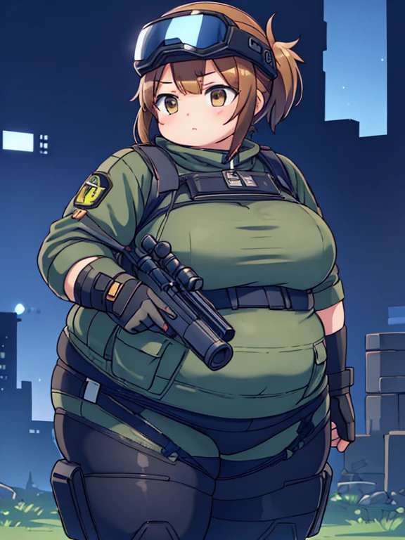 Chubby tactical spec-ops girl, fat rolls, short hair, brown eyes, pudgy, (holding sniper):1.3, (swat helmet):1.3, extremely chubby, sniper rifle, night vision goggles, standing poised, BREAK plain white flat background,