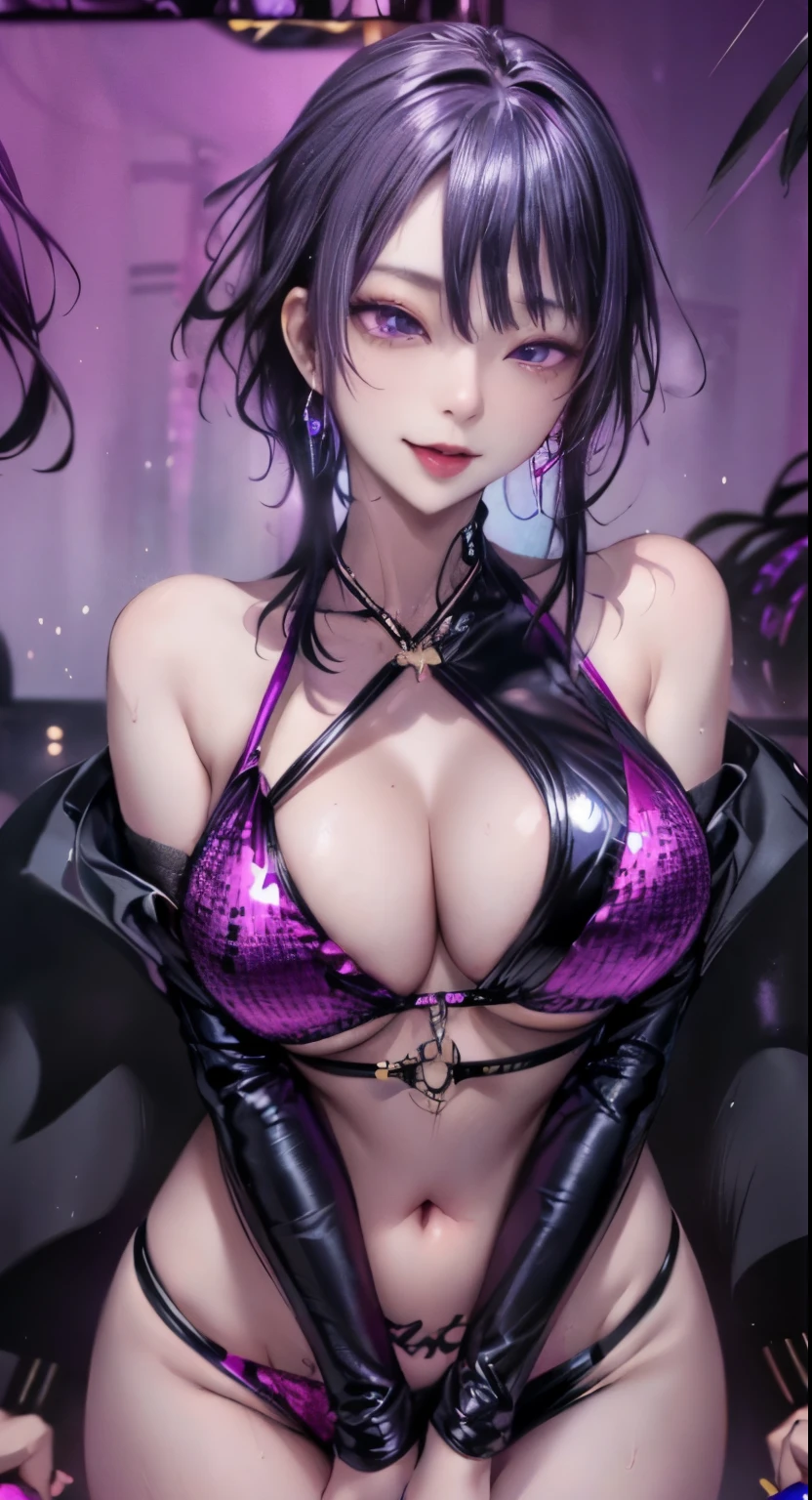 1 girl, smile, wide hips, huge tit, Excellent asset quality, 8K, muste piece: 1.3), clear focus: 1.2, perfect body beauty: 1.4, thin abs: 1.2, Highly detailed face and skin texture, fine eyes, double eyelid、long black wet hair), (wet body :1.Purple high waist bikini with sequins :1.3), inside the pool, (At night), neon lights、Yui Asian 、(((black hair color、earrings、ear cuff))), (((panting face、orgasm、ahe face、Open your mouth, stick out your tongue and drool)))、thin waist、big and beautiful legs、