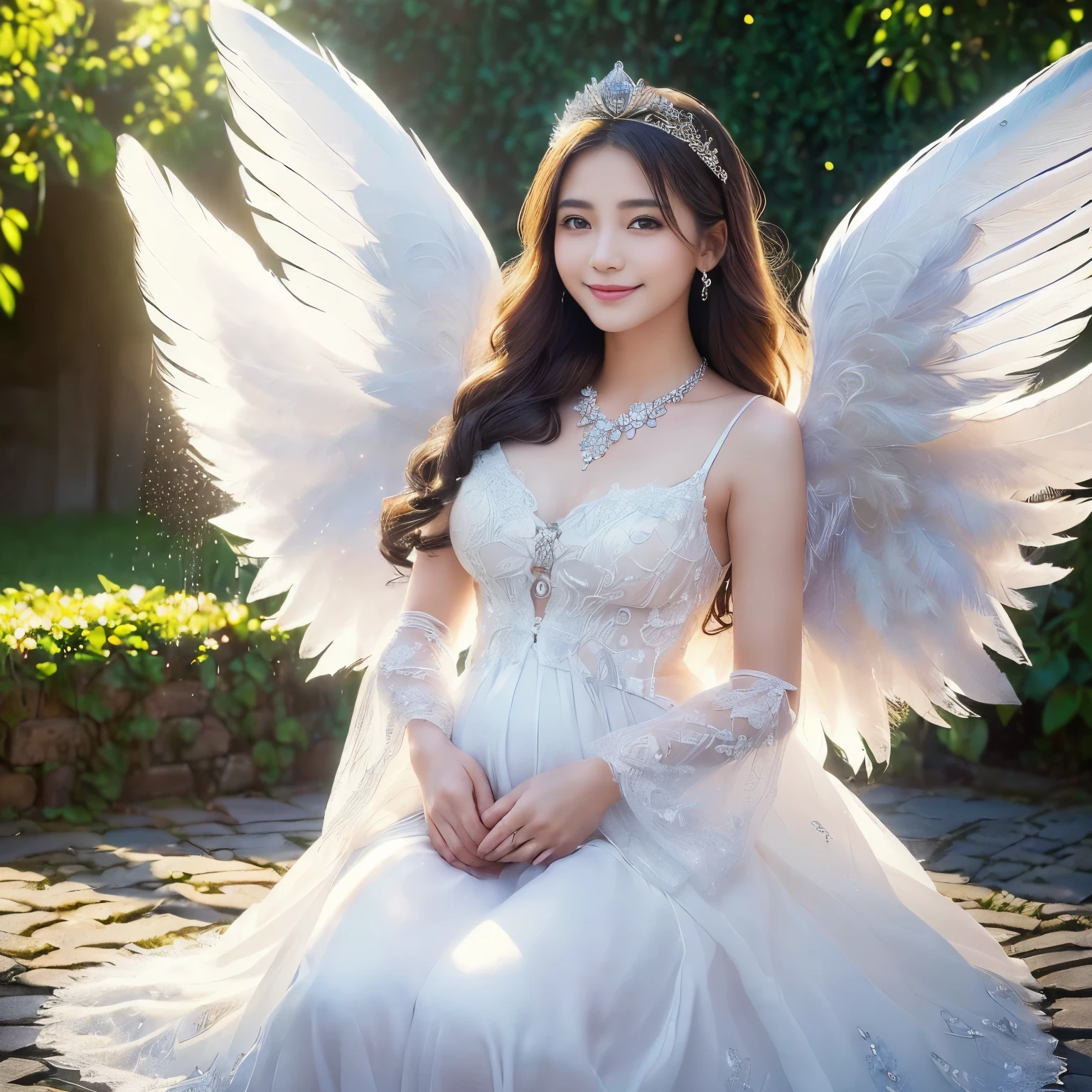 (((muste piece、highest quality、very complicatedで詳細な描写)))、(very young 10 year old angel:1.2)、pregnancy、((very beautiful angel queen、smile,はにかんだsmile、perfect gas chamber、perfect 2 wing、White Rose、A large amount of white roseeautiful White Rose、Carbonated water、the most beautiful gardens in the world、The most intricate and magical garden in the world、bright water、Beautiful smile,、detailed face、perfectly describe the face、walk along the cobblestones、walk in the garden、hair swaying in the wind、take a photo up close、Take a photo above the thighs、Final form as a perfect angel, ,giant realistic angel wings,the most majestic feather,The most detailed and intricate angel wings、king of angels,the most dignified angel,sparkling white feathers、Feathers give off a transparent shine、優雅でtop gradeなポーズ、fairy tale sparkle、fairy tale garden、White flowerのある庭、walk in the garden、flowers, Gardenloo Fountain with fountain and cobblestones、emerald blue fountain、sparkling spring water、walk in the garden、beautiful cobblestones、White flower美しい寺院の庭園、There is a fountain surrounded by cobblestones.、Beautiful sparkling fountain、holy well、clear water、White flowerがいっぱいです、White flower、her wings shine like a fairy tale、Shining Feathers Beautiful Temple Garden Airy Tale Garden、walk in the garden、Angels bathed in divine soft light、epic movie lighting、最もtop gradeな白いドレス、very noble、refinement、top grade、fairy tale sparkle、fairy tale wings、The biggest pure white princess dress, finest necklace,artistic decoration,An intricate and solemn dress of an angelic masterpiece,white embellished dress,giant princess dress,The most majestic form of an angel,The most intricately drawn angel figure,Feathers that shine like a fairy tale、The feathers give off a pure white shine、Feathers have a translucent fairy-tale glow、unimaginable beauty,the most intricate and beautiful dresses,Accurately reproduce the details of a perfect angel,An unimaginably beautiful angel)),((the most beautiful face,Japan and half of Spain,maternal kindness、母性smile,beautiful wavy hair,the most luxurious and intricate dresses,stare at the camera、angel's giant wings,muste piece,8k,very complicated,super detailed))