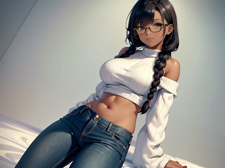 masterpiece, 4k, detailed, extreme detailed, hd, cowboy shot, (1 girl), (solo), {{dark skin}}, (glasseig eyes, 25yo, white sweater, off shoulder, sleeves, belly, medium breast, short black hair, (two braids), short two braids, (medium two braidlowers in hair), green eyes, strong build, athletic body, jeans, (high quality), (hd), (very detailed) ), curly hair, wide waist, slightly chubby