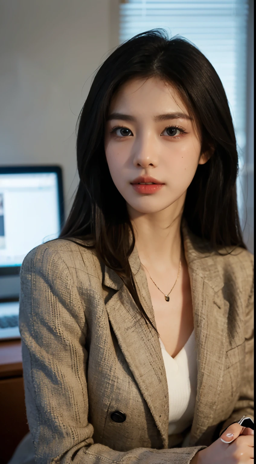 high resolucion, Realistic portrait of a professional Korean office lady with perfect skin, Professional Suit, Show confidence and maturity, Surrounded by a modern corporate environment.., Vivid highlights, natural lighting. The work should emphasize her graceful facial features, Attractive long eyes included, Fluttering eyelashes and seductive lips. The scene should be enhanced with elements of professionalism and visual appeal,For example, Stylish work desk, Mainframe computers, High-resolution display, and complex stationery. The overall tone should be warm and professional, It has a soft and natural color palette.. The work should exude professionalism, success, Cultural pride.