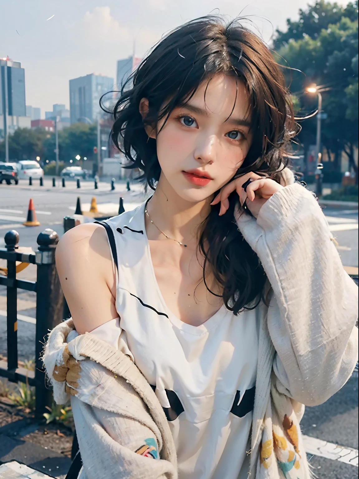 randome pose, mix4,(8K, RAW photo, Best quality, Masterpiece:1.2), (Realistic, photo-realistic:1.37),1girll,Cute,Cityscape, Night, rain, Wet, Professional lighting, フォトンマッピング, ラジオシティ, Physically-based rendering,, gradient black colour hair,, White hair, Short curly hair, Handsome, Girl, white ball suit, top quality picture, high resolution, 1080p, (Clear face), (Detailed facial description), (Detailed hand description), (Masterpiece), (exquisite CG), Extreme light and shadow, Messy hair, Master's work, rich details, (Fine facial features), (highest quality picture), (Masterpiece), (Detailed eyes),Look ahead with your eyes,fine collar bone