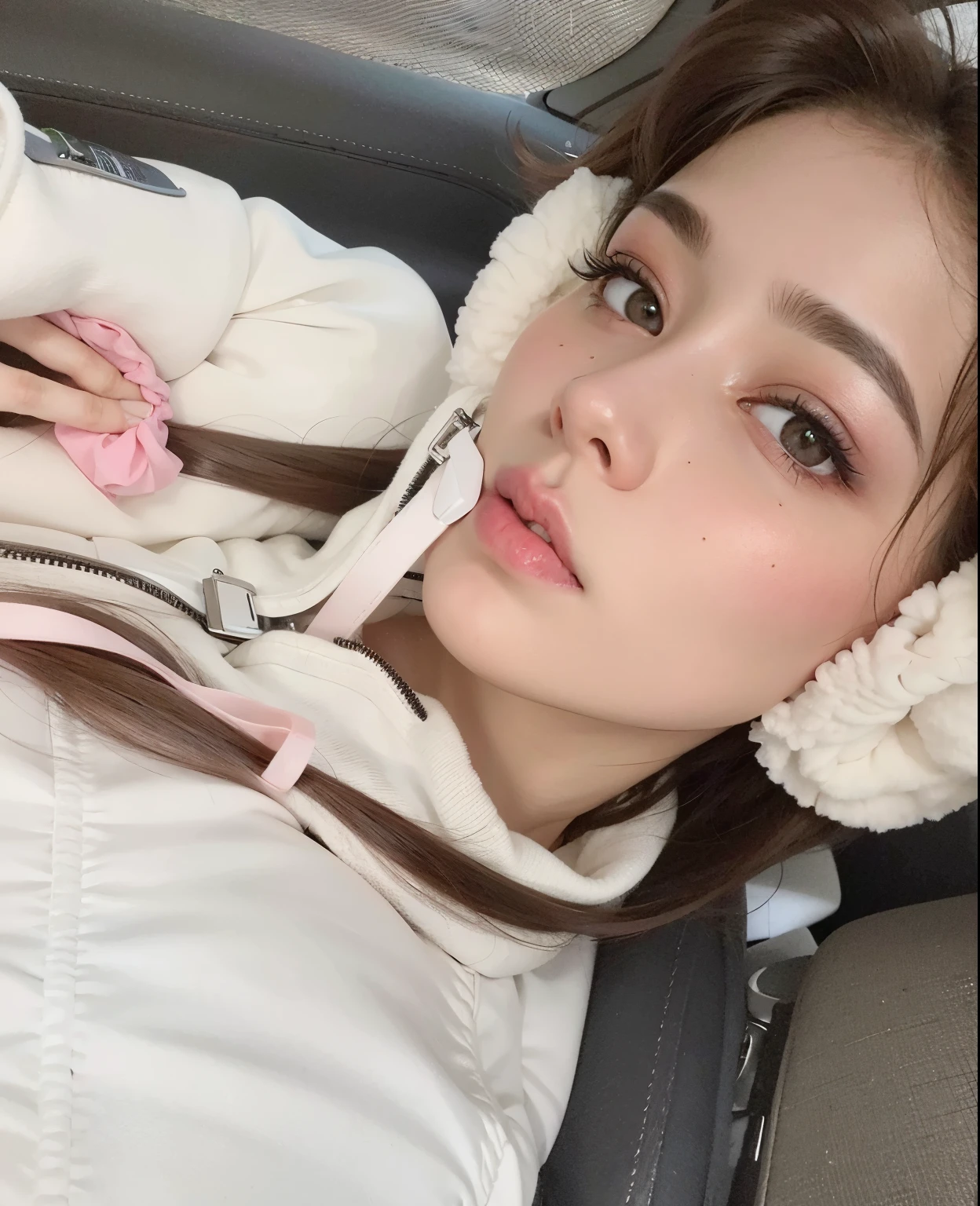 Hay una mujer con orejeras en un coche., dilraba dilmurat, cara muy bonita, sin maquillaje, ella tiene una cara linda, pale korean adorable face, con cara linda - fina, kiko mizuhara, preciosa cara delicada, jossi de blackpink, ulzzang, pale, snow-white skin, foto de perfil, linda actriz coreana