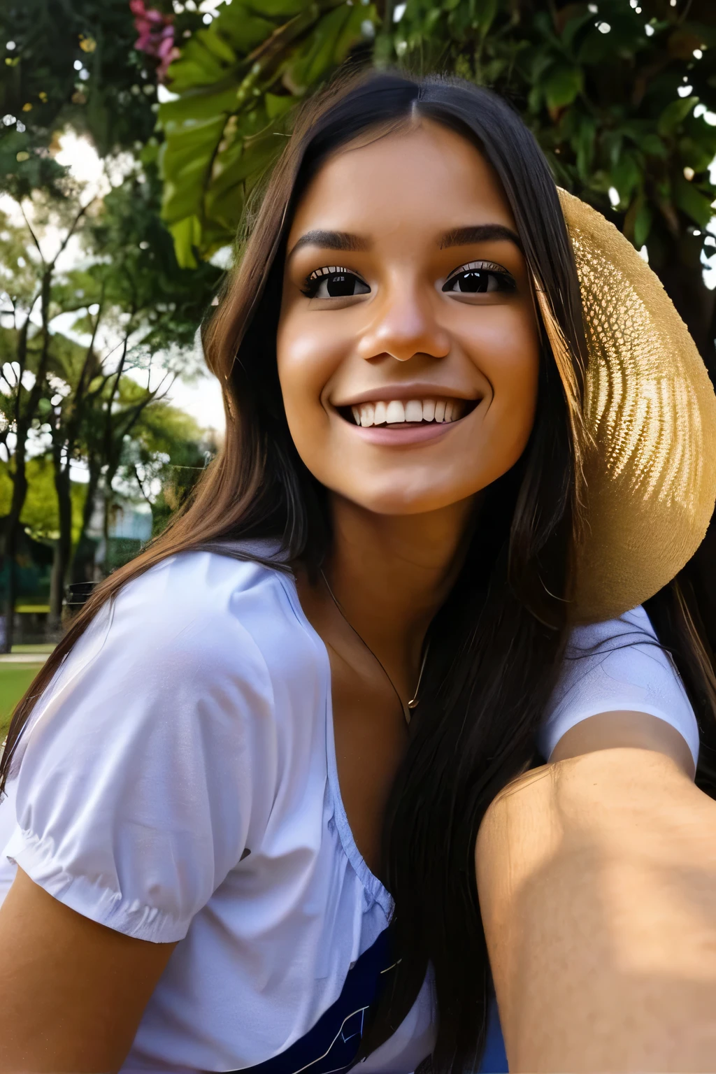 woman with long brown hair, top blanco, mujer latina, linda mujer joven, foto de mujer joven, una hermosa joven, a linda mujer joven, hermosa mujer venezolana, Joven sonriente, hermosa joven modelo, Mujer joven con cabello largo y oscuro, tetas medianas, background a park in Lima peru
