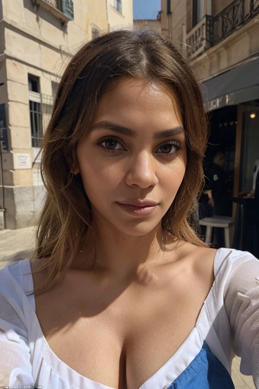 influenceuse instagram, en robe blanc, fille sexy, yeux bleus, Portrait de halle berry, Portrait de beyoncé, cheveux blonds et grands yeux bleu, selfie d'une jeune femme, maquillage naturel, Regardez directement dans la caméra, vus de derrière, Visage avec Artgram, maquillage subtil, Superbe photo du corps entier, habillé en chemisette et jupe assortis, fesse moyen et rond, dans la rue a barcelone, seins moyen recouvert, Blond