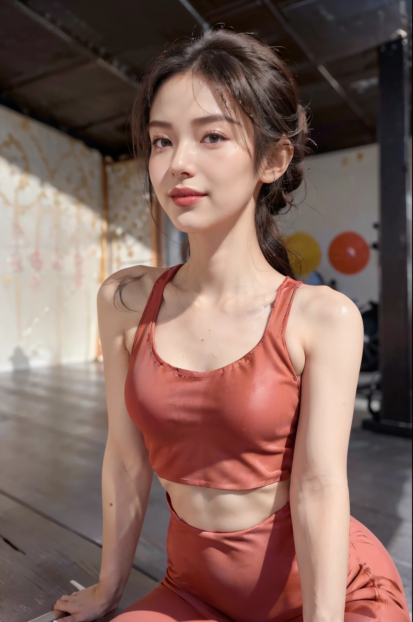 ((((8k))),((Extremely meticulous CG)) ,(wallpaper),16k,((Extremely refined and beautiful)),(((Masterpiece))),(((best qualtiy))),(((Ultra High Resolution))),beautiful light up,Perfect lightning,realistic shaded,[A high resolution],(Smooth and flawless fair skin:1.5),(pale skin:1.3),(Extremely exquisite facial details:1.3),(perfect body:1.1),(ultra-detailed:1.2),A beautiful girl,solo,(small head:1.2),(short ponytail:1.1),(small face:1.2),(Exquisite makeup:1.3),(small breasts:1.2),(flat chests:1.2),((slim,thin)),happy,(smile:1.2),(red tank top:1.5),((lace,see through)),(red pleated mini short skirt:1.3),(night scene:1.3),(indoor:1.2),(At home:1.3),(In the living room:1.3),(dim lights:1.3),(detailed background:1.5),(sitting on the floor:1.3),(arms behind back:1.3),(spread legs apart:1.3),(upper body:1.3),(from front:1.3),(The room is piled up with garbage:1.3),