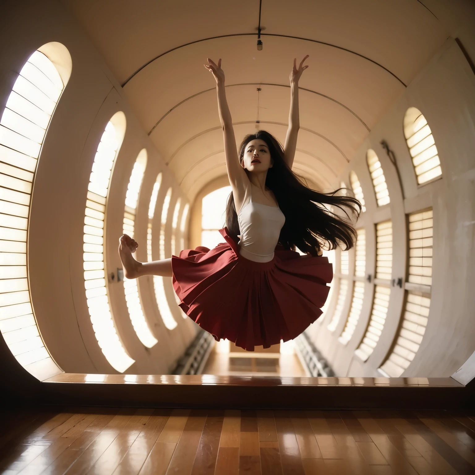 Arafed woman floating on air 2 meters above the floor in a tight colorful squared tunnel with a striped floor, walls and ceiling, levitation, levitationg, hila klein, museum archival photo, from vogue magazine, inspired by Barbara Nessim, sean young, 2 0 0 0, neri oxman, orange, year 1 9 7 0, juxtapoz, vertical. Complex composition. Dynamic poses.