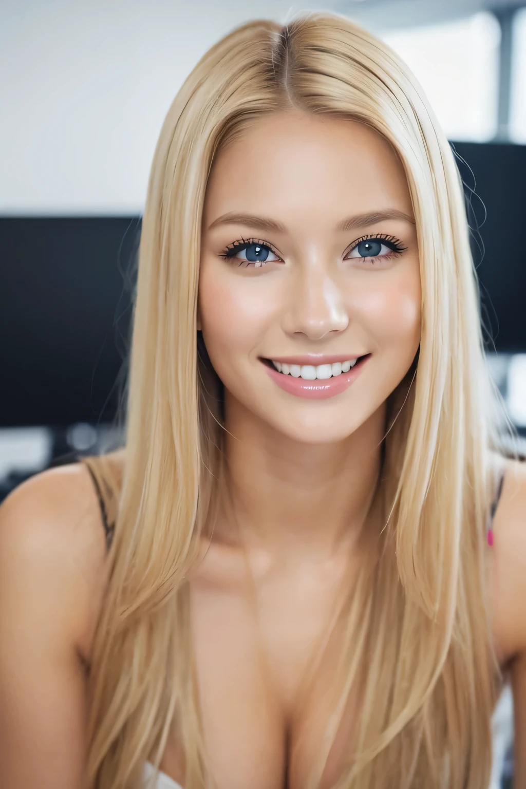 Women, blonde, happy, smiling, staring at camera, in an office, beautiful, masterpiece