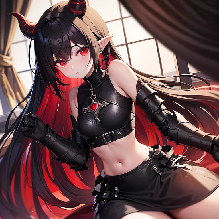 . Girl. Petite. Demon. Elbow wings. Red horns. Pointed ears. Black hair. White skin. Light red eyes. Black semi revealing armor. Black gauntlets