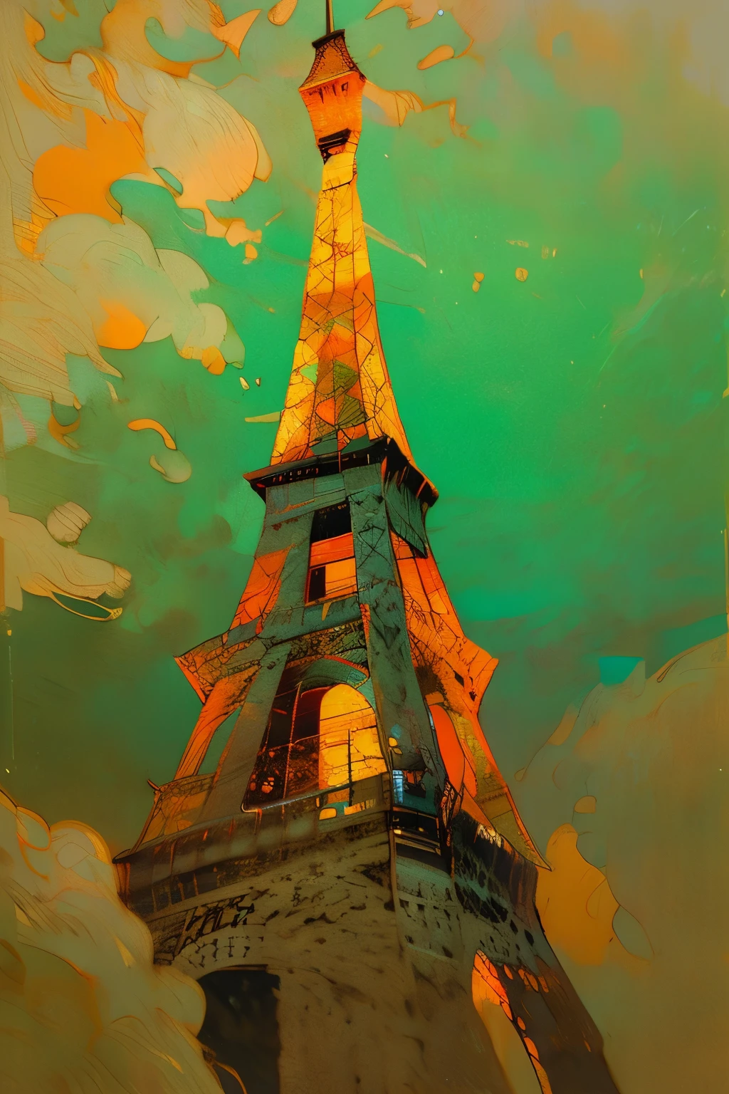 Affiche vectorielle style Van Gogh (Tour Eiffel, champ de Mars, Seine dans la ville de Paris) en terrasse le soir sur la place de la ville à Paris le soir du nouvel An avec les décorations de Noël ; peinture naturalisme impressionniste pointillisme couleurs vives avec du contraste, Proche de la perfection, dynamique, Clair de lune, Très détaillé, Peinture à l’aquarelle Vincent Van Gogh, illustration, illustrations de Van Gogh, Paris, Tour Eiffel, champ de Mars, Seine dans la ville de Paris, selfie impressionniste pointillisme vue avec décorations lumineuses de Noël avec le style impressionniste naturalisme pointillisme Paris