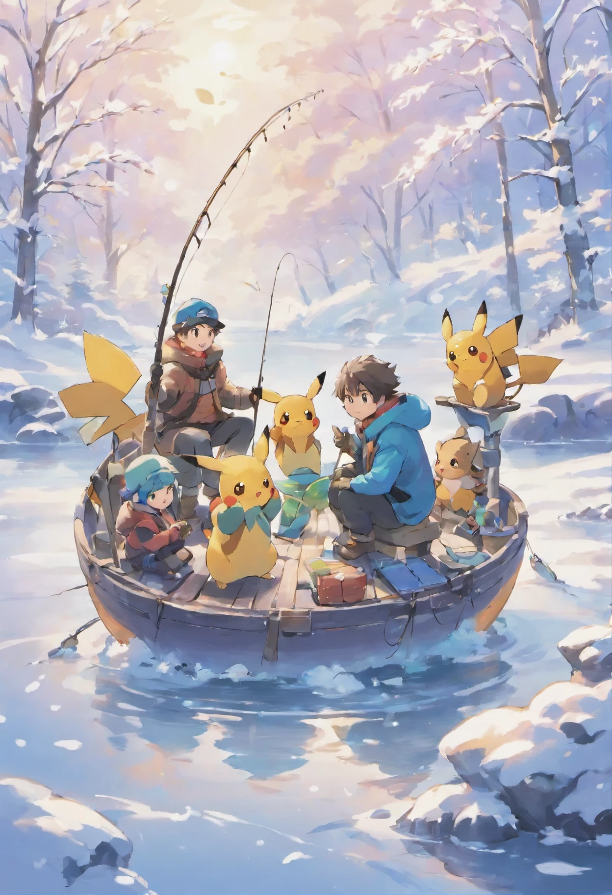 high quality、four men fishing、looks fun、cold、winter scenery