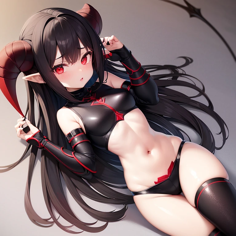 . Girl. Petite. Demon. Elbow wings. Red horns. Pointed ears. Black hair. White skin. Light red eyes. Black armor that shows stomack and thighs. Black gauntlets. 