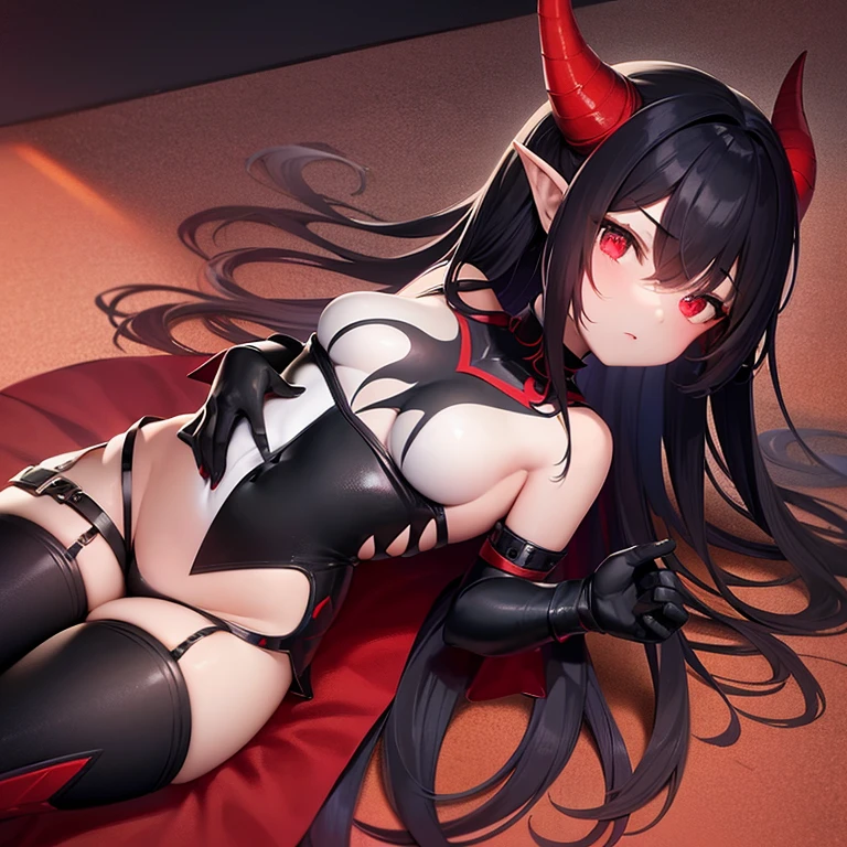 . Girl. Petite. Demon. Elbow wings. Red horns. Pointed ears. Black hair. White skin. Light red eyes. Black armor that shows stomack and thighs. Black gauntlets. 