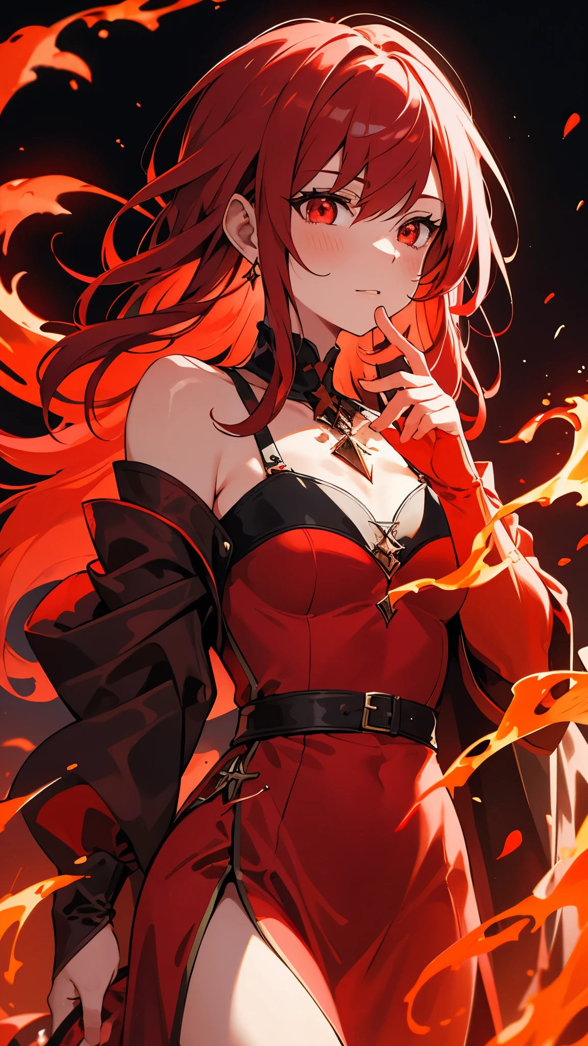 [[[ultra-detailed, best quality, soft skin, beautiful, 4K]]] portrait, red hair, crimson hair, medium hair, medieval long dress, walking, fire mage, fire dress, casting a fire spell, dress made of fire, blood-red eyes, sinister, snicker, burned hands, sorceress, black background