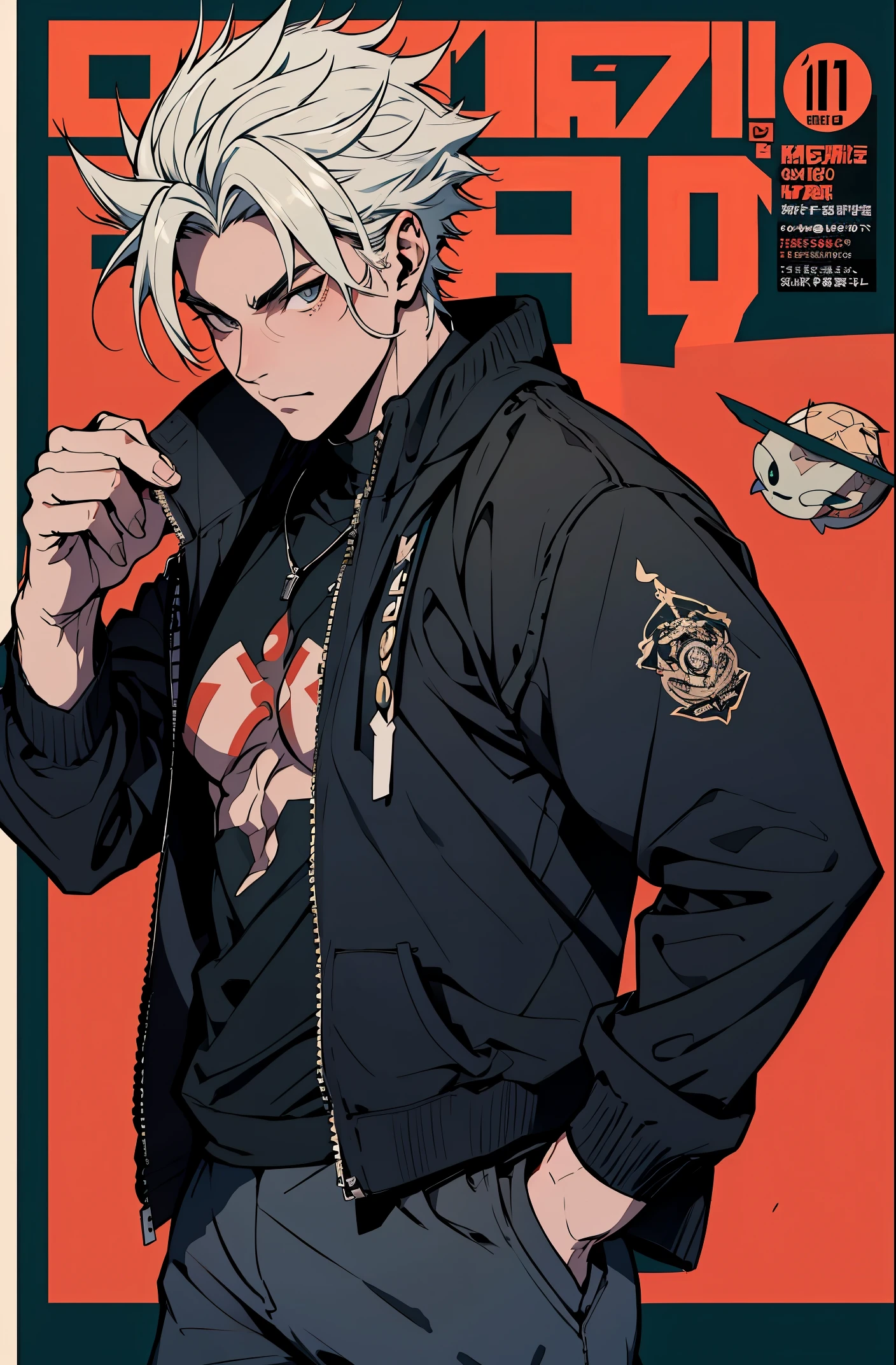 a mais alta qualidade, 8k, image high resolution, Jujutsu kaisen estilo anime , Arataki Itto, Detailed strokes, fundo desfocado, (a magazine cover style),  purple light reflecting on him , (angulo de perto), 1 homem, jovem, masculo, modelo, front with hand in pants pocket    , multicolored background with various geometric shapes , stikers em volta, musculoso, cabelo vermelho e branco, peitoral inchado, vestindo uma jaqueta fria , faded showing a bit of his muscular body, olhos marcantes , com a camisa, Peitoral inchado